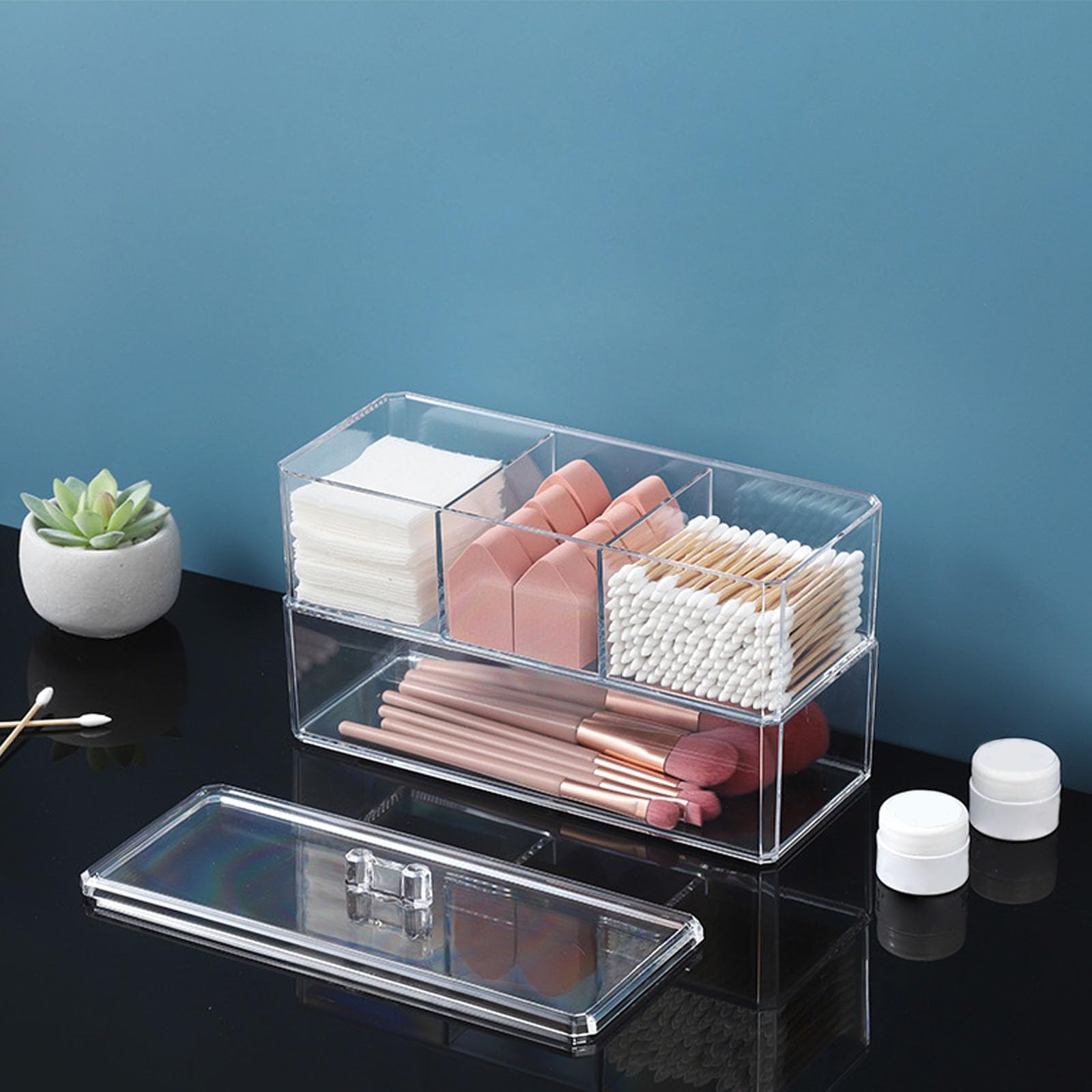 MAGICLULU makeup puff holder case with 2-layer acrylic organizer, large caddy for beauty sponges and cosmetic storage.