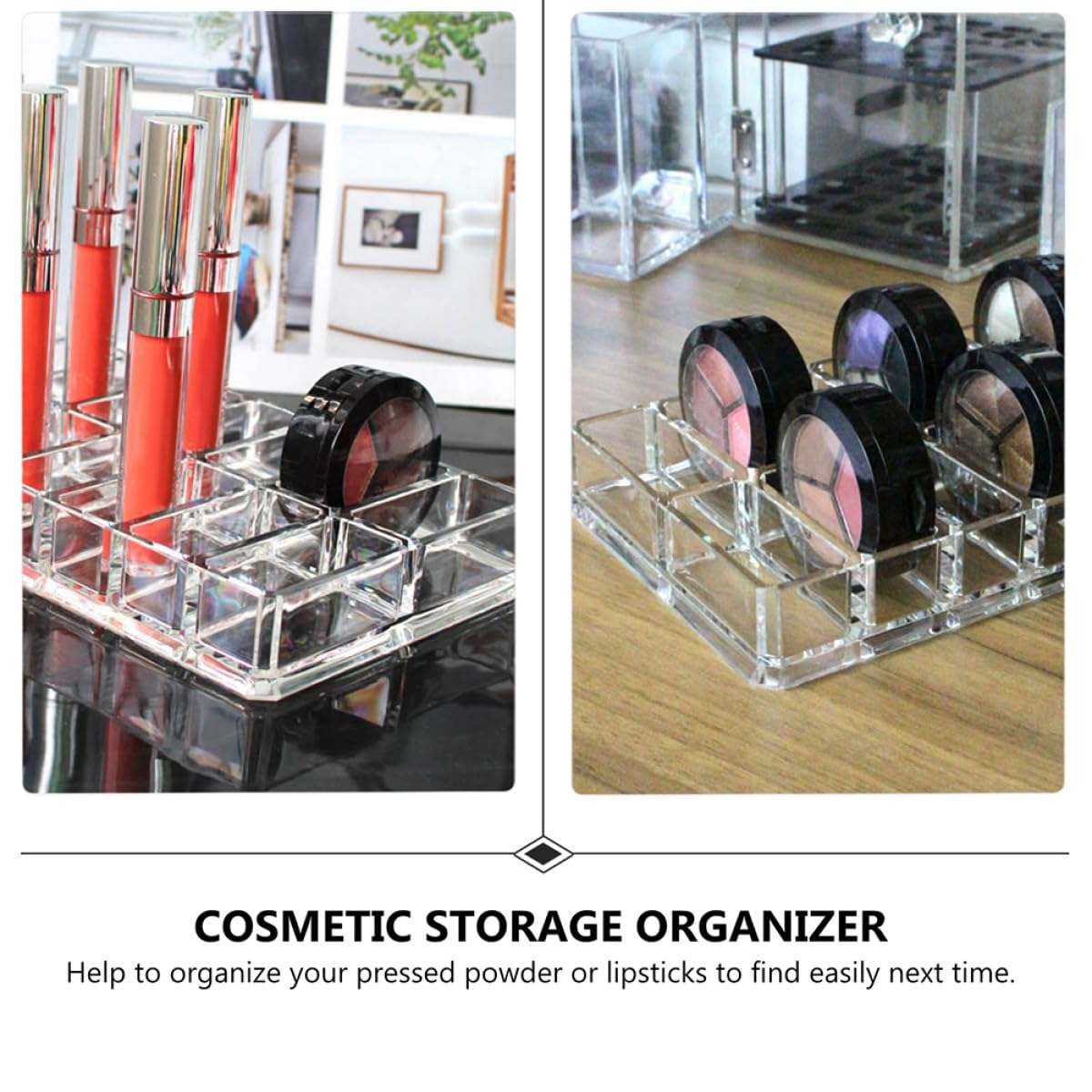 TEHAUX acrylic makeup display caddy with 16-grid double-row compact powder organizer for beauty and vanity storage.