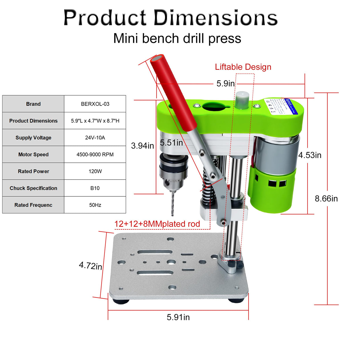 BERXOL Mini Drill Press, Benchtop Portable Electric Drilling Machine, B10 Chuck – close-up detail