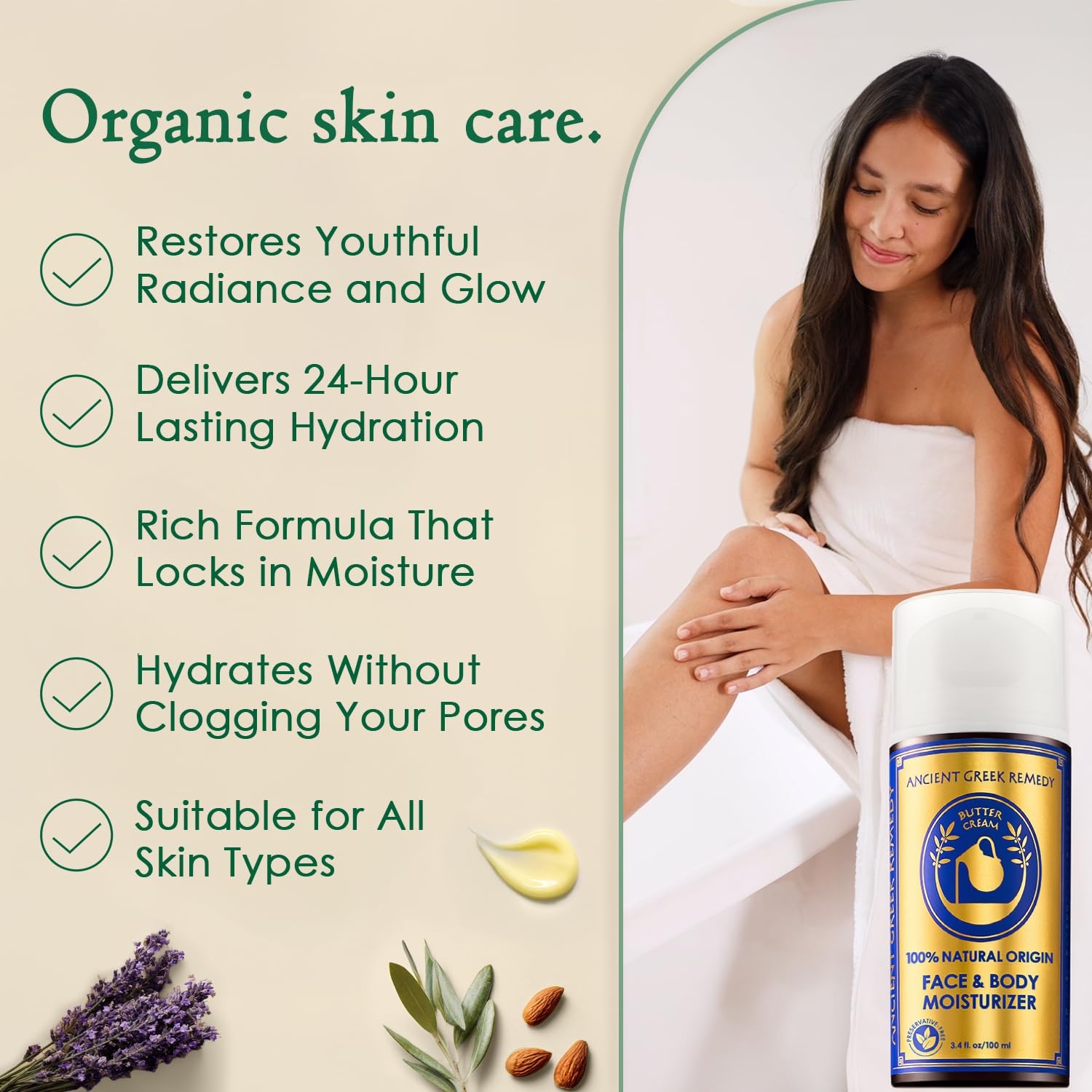 Ancient Greek Remedy organic face moisturizer and body butter cream for dry skin, hydrating facial and body moisturizer.