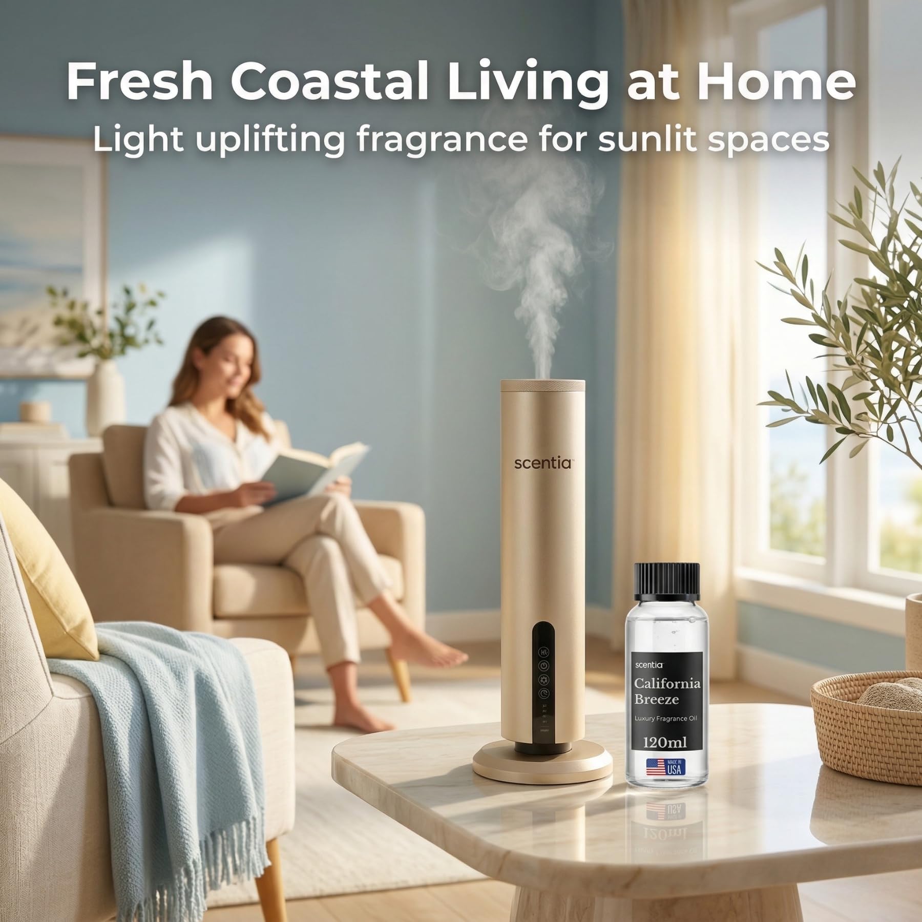 Scentia California Breeze diffuser oil bottle, 120ml, essential oil with fresh, citrusy scent for home aromatherapy.