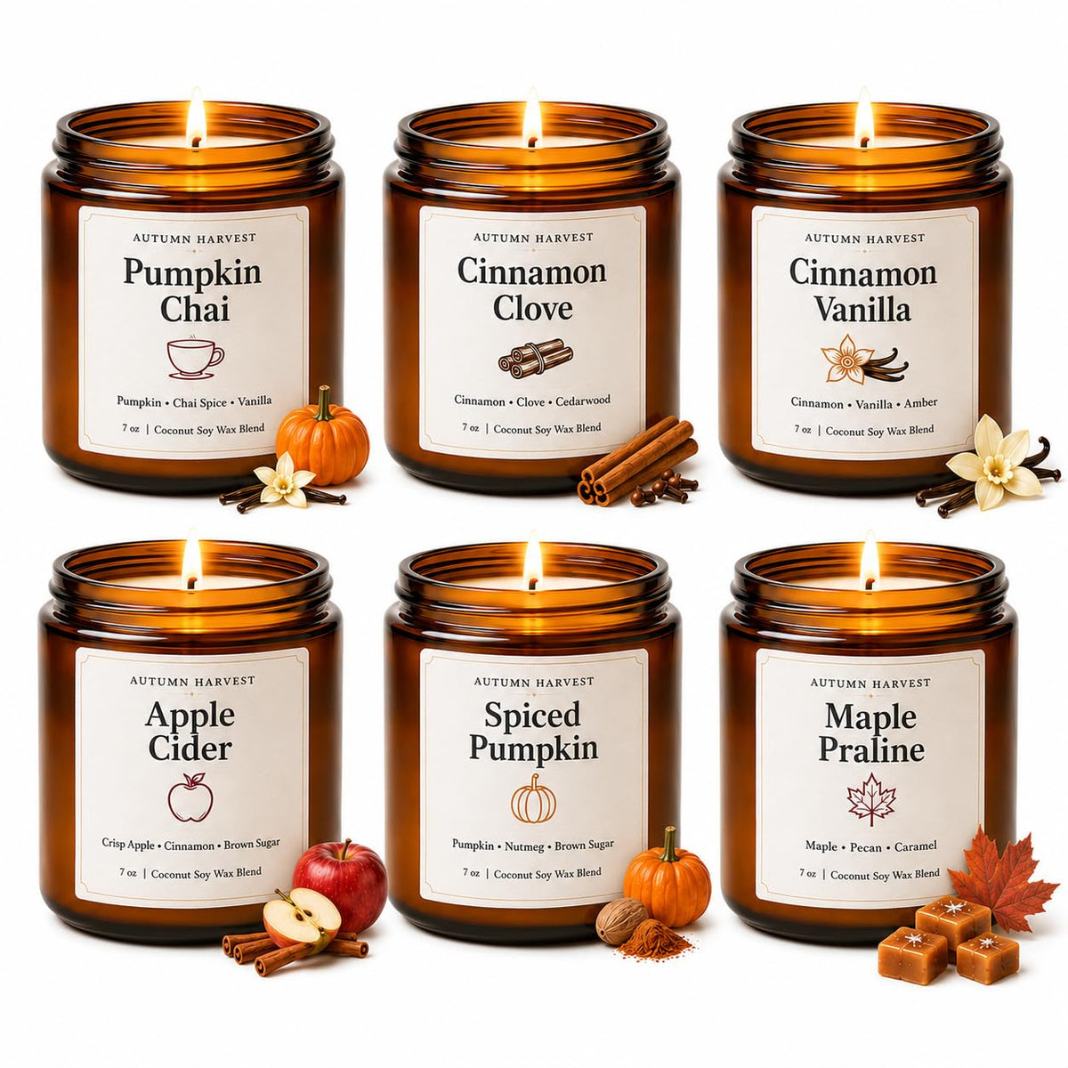 YINUO LIGHT Fall Scented Candle Set of 6, 7 oz Soy Candles for Home, Autumn Gift Set – 6 Pack Fall Candles, Soy Wax, App