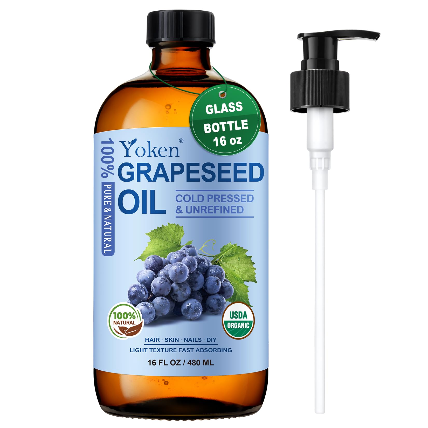 Yoken Organic Grapeseed Oil 16 oz Glass Bottle, Cold Pressed Carrier Oil