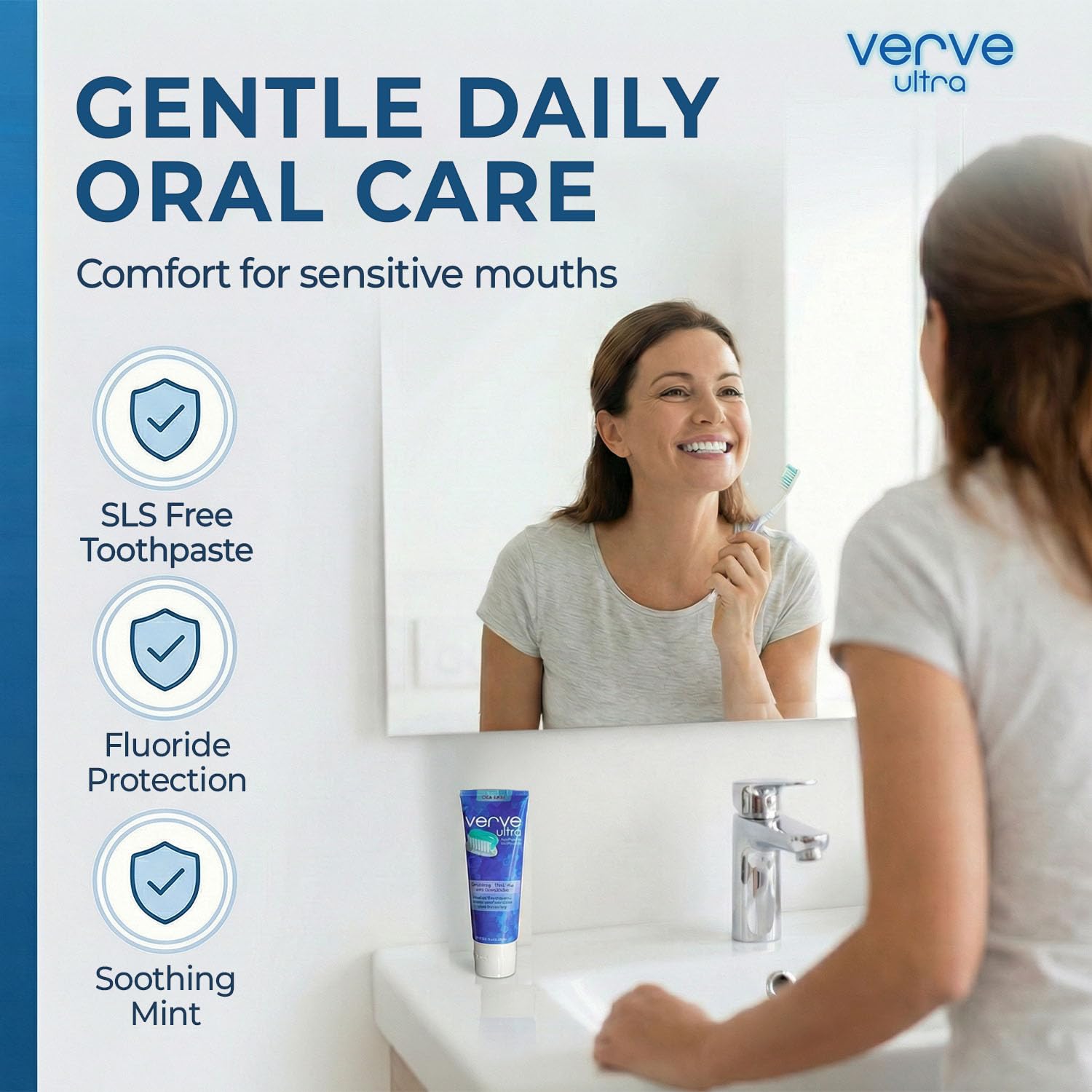 Verve Ultra SLS-Free Toothpaste with Fluoride Fresh Mint, SLS Free Toothpaste for Daily Use, Vitamin-E Enriched, Cruelty Free Cavity Protection, Made in USA, 4.5 oz