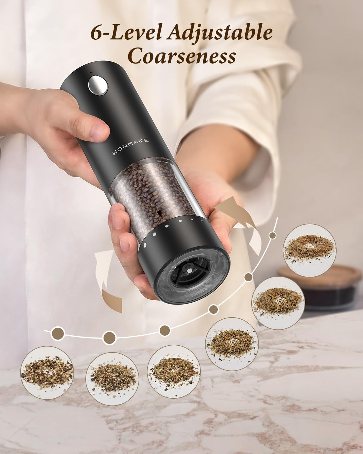 WONMAKE Electric Salt and Pepper Grinder Set with Charging Base, Black/Set – back view and specifications