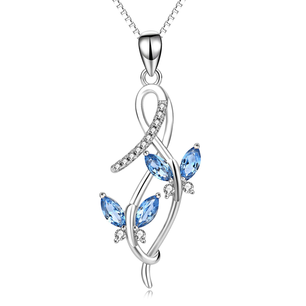 AOBOCO Sterling Silver Infinity Butterfly Pendant Necklace with Simulated Aquamarine Blue Crystals, Anniversary Birthday
