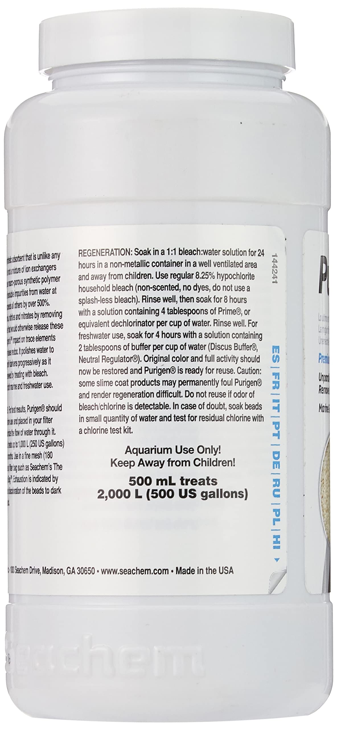 Seachem Purigen Organic Filtration Resin - Fresh and Saltwater 500 ml (116016308) – packaging and label