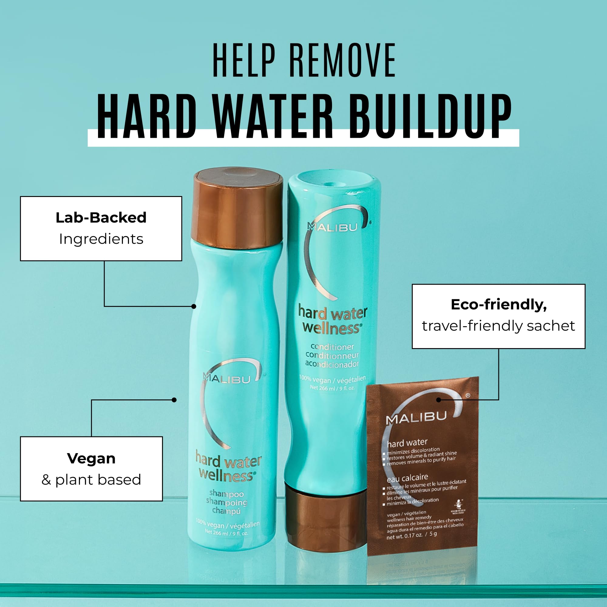Malibu C Hard Water Conditioner packet for removing deposits and impurities, hydrating hair care for hard water damage.