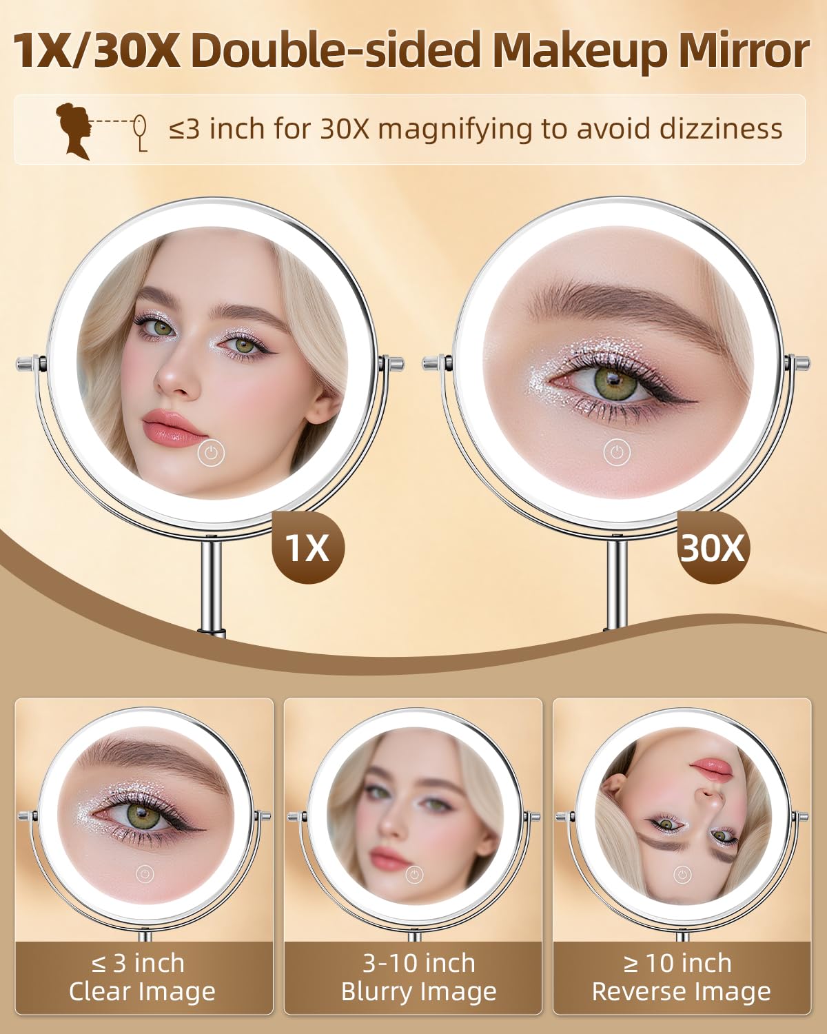 vpu 1X/30X 8" Magnifying Makeup Mirror with Lights Height Adjustable for Desk – product photo (Makeup Mirrors)