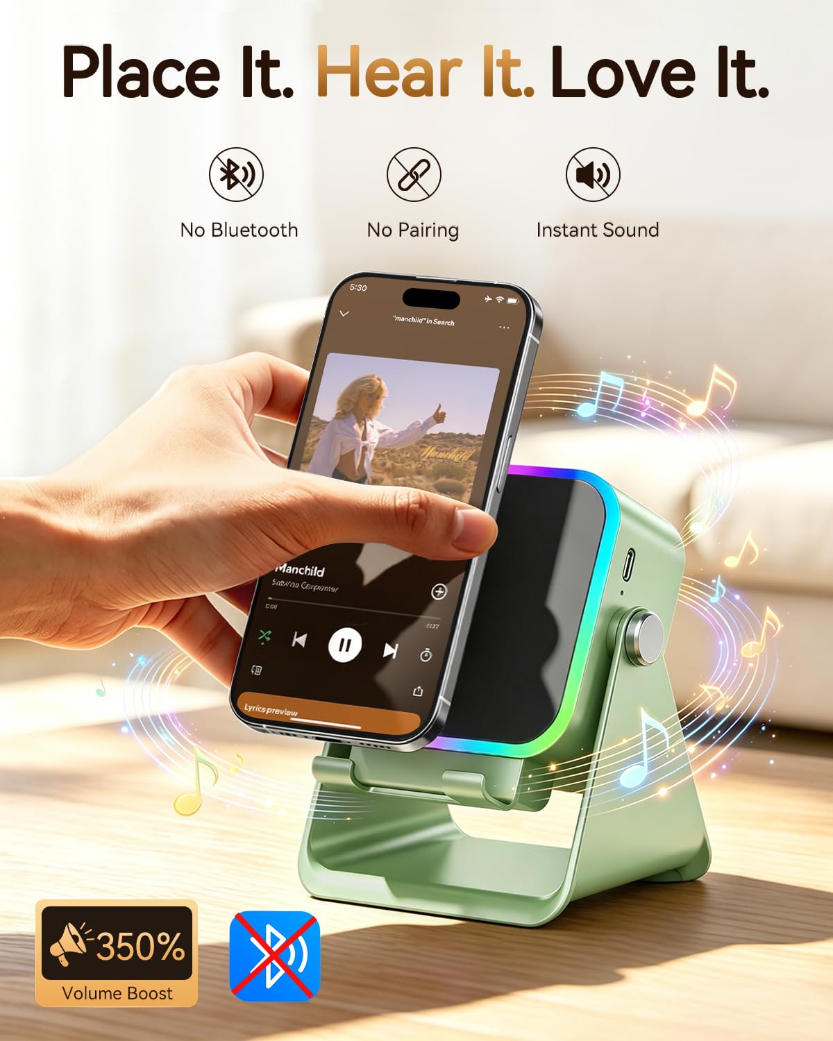 MILOUZ Gifts for Men Tech Gadgets Wireless Induction Speaker with Phone Stand – close-up detail in Green