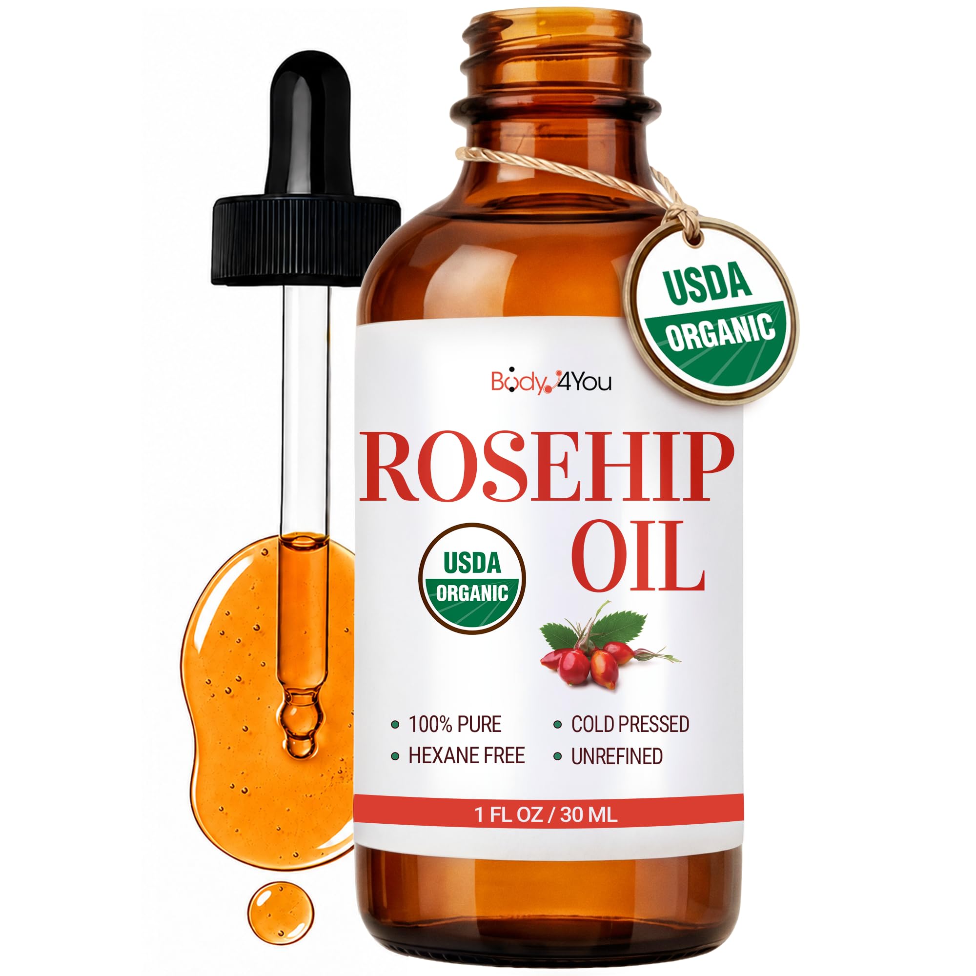 BodyJ4You Rosehip Seed Oil for Face Skin - USDA Organic Cold - Product Imagery