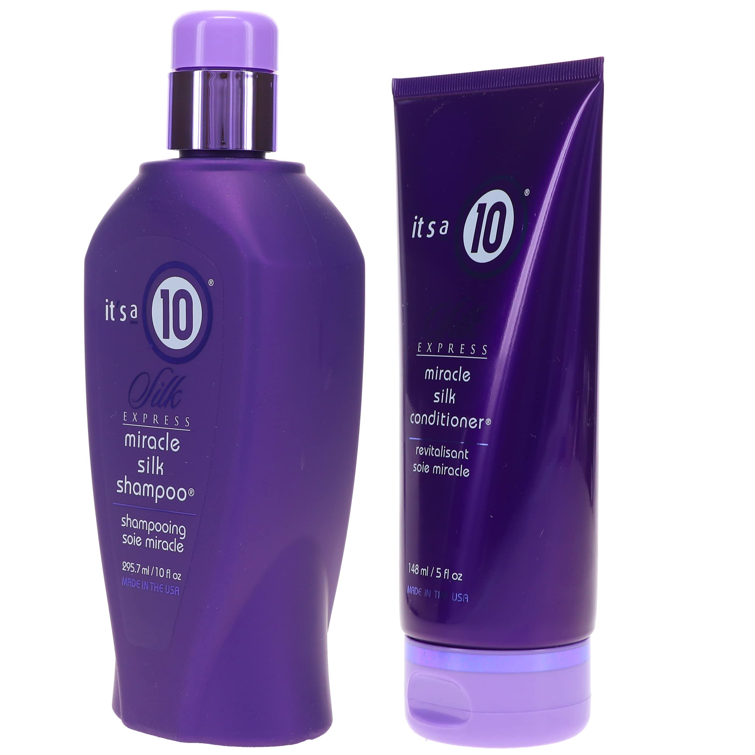 It's a 10 Silk Express Miracle Silk Shampoo and Conditioner set, featuring 10 oz shampoo and 5 oz conditioner bottles from It's a 10 Haircare.