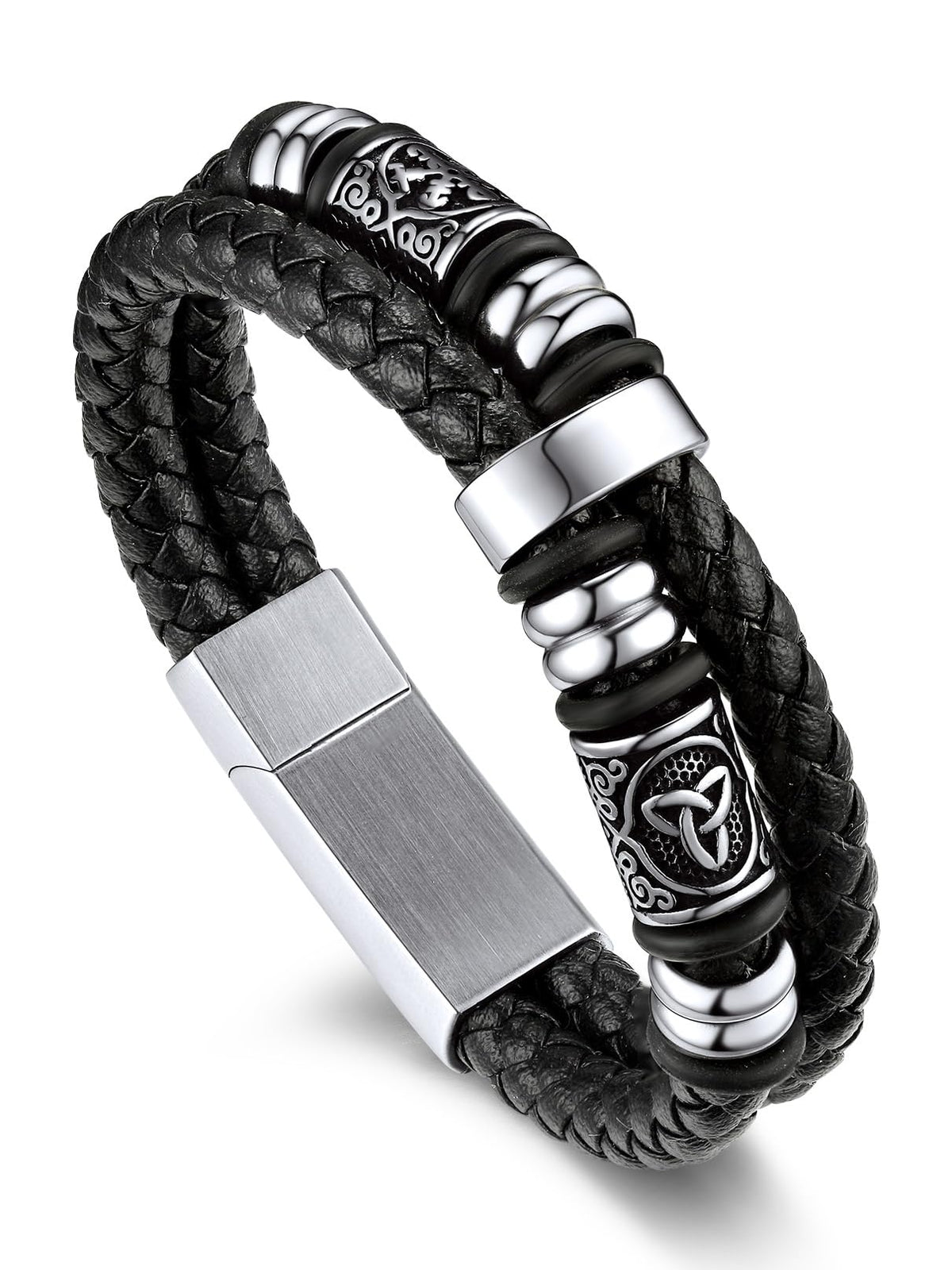 Bandmax Men's Black Double Wax Rope Bracelet Waterproof Stainless Steel Norse Style Celtic Knot Beads Wristband 7-9 Inch