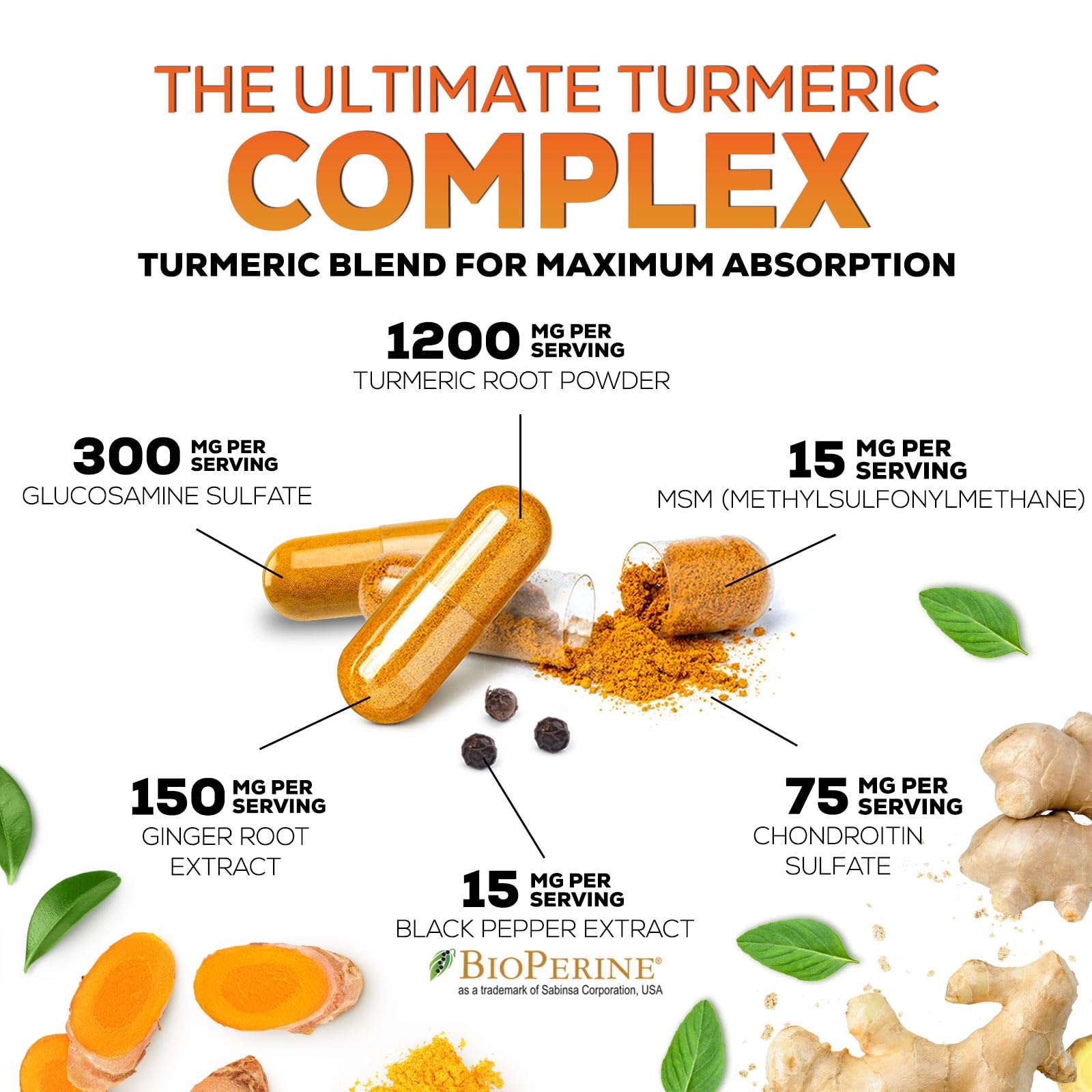 Turmeric Curcumin Supplement - 95% Curcuminoids with Glucosamine, Ginger & MSM, BioPerine Black Pepper Extract for Best Absorption, Natural Vegan Joint Support, Non-GMO, Bottled in USA - 240 Capsules