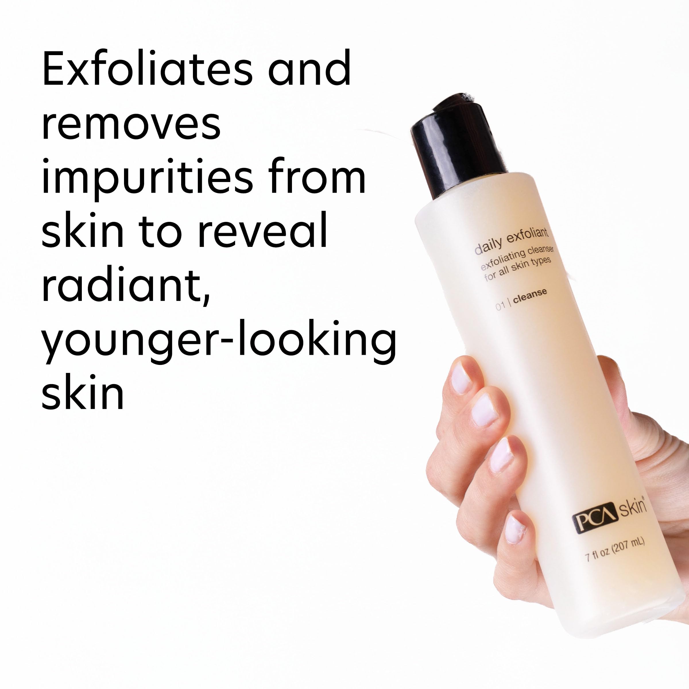 PCA SKIN Daily Face Exfoliant Cleanser in 7 oz bottle, showing the white and blue packaging with product label and pump dispenser.