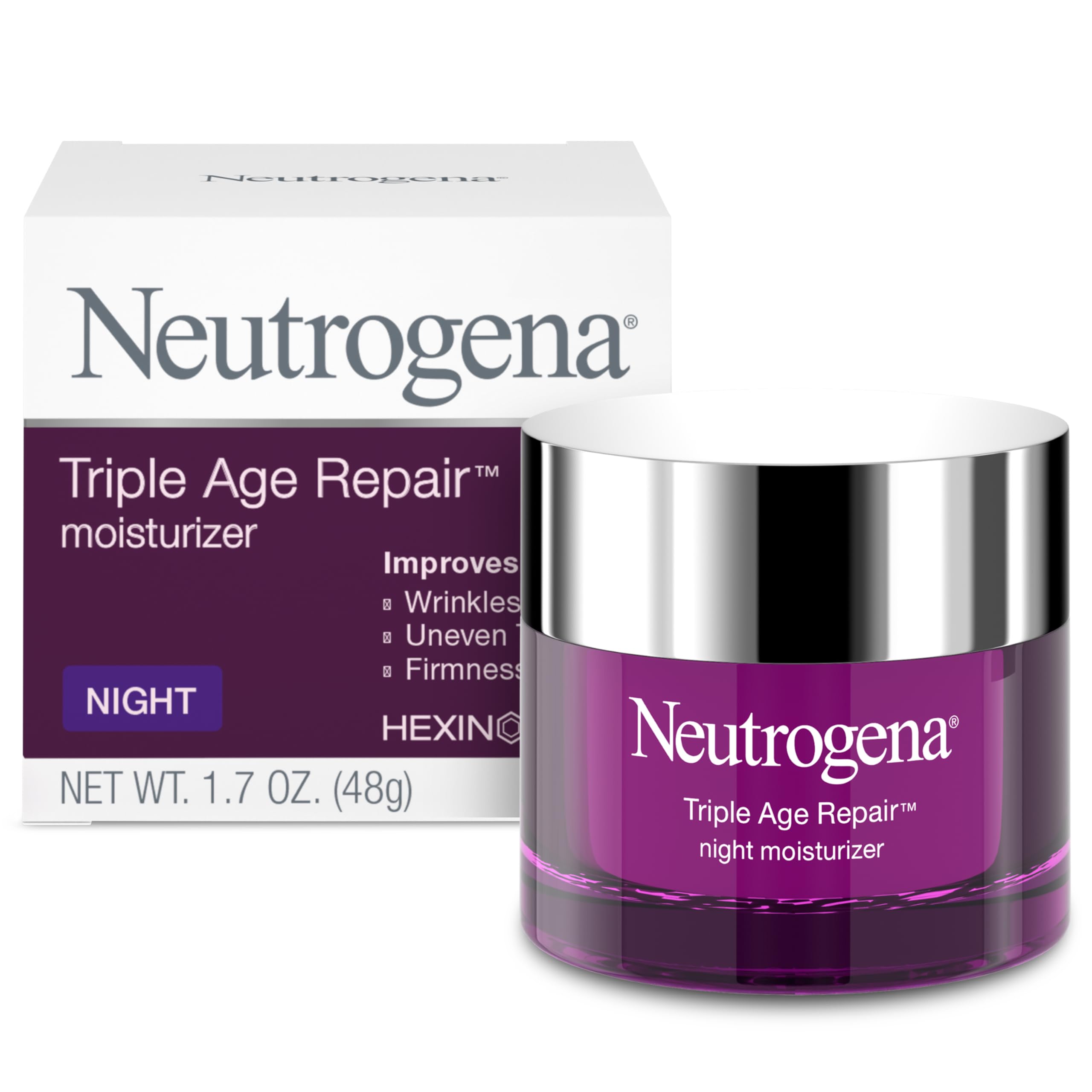 Neutrogena Triple Age Repair Night Face Moisturizer 1.7 oz jar showing the skincare product with a white lid and label.