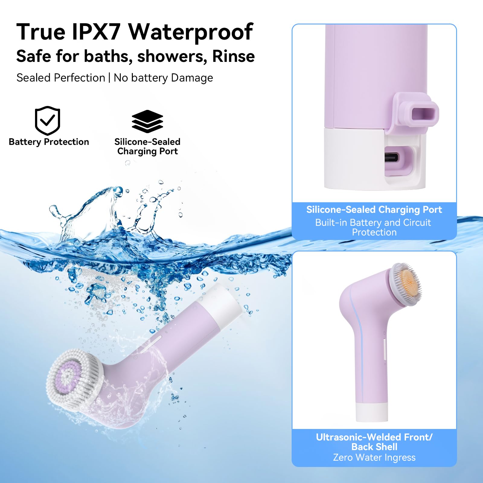 PURTIF electric facial cleansing brush with dual-ring design and three-speed settings for deep skin cleansing.