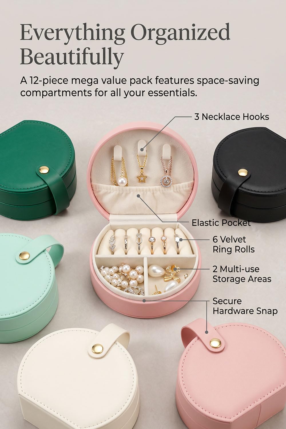 RFCAW Travel Jewelry Box Multi-Pack, Small Round Faux Leather Portable Organizer for Rings, Necklaces, Earrings, DIY Vin