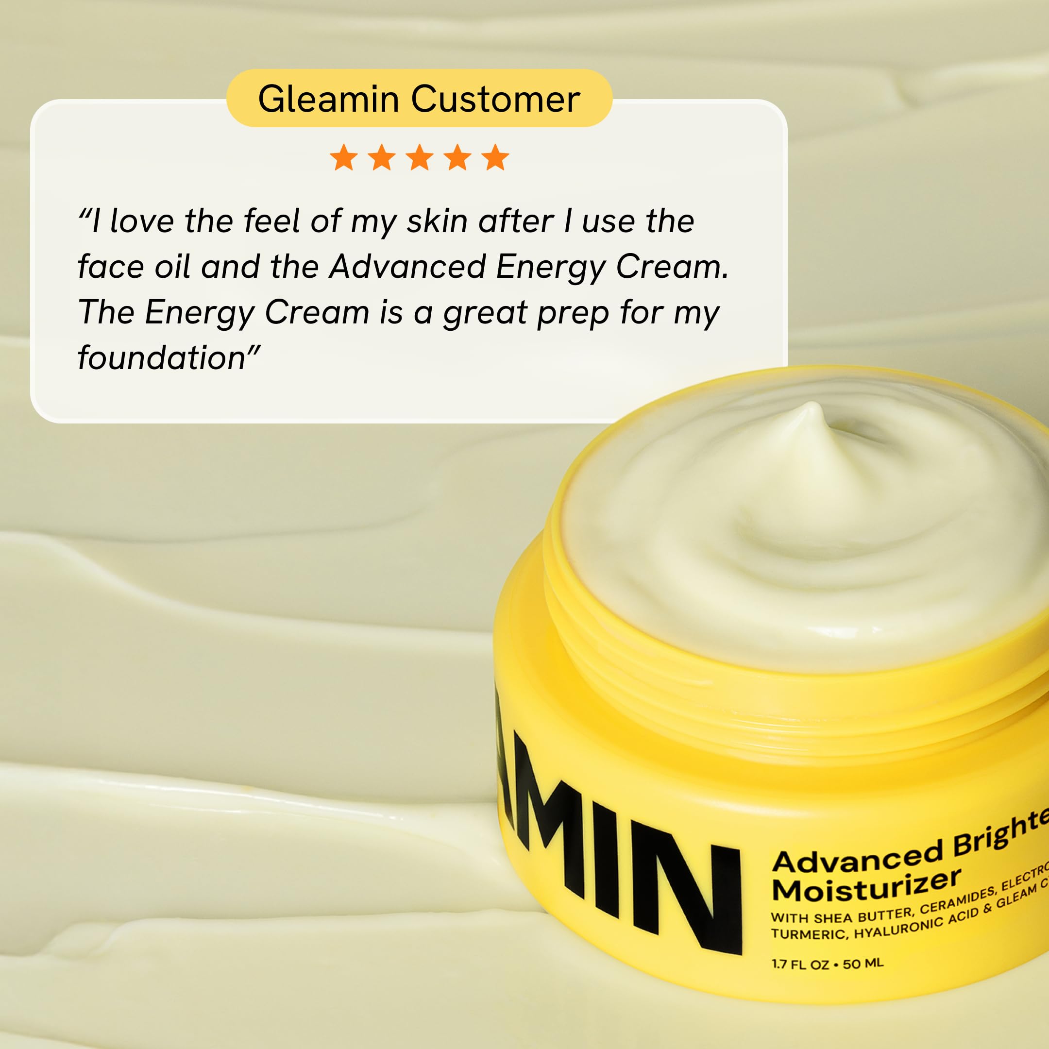 Gleamin Brightening Face Moisturizer in 1.7 fl oz bottle, creamy texture, with a clean, modern label and pump dispenser.