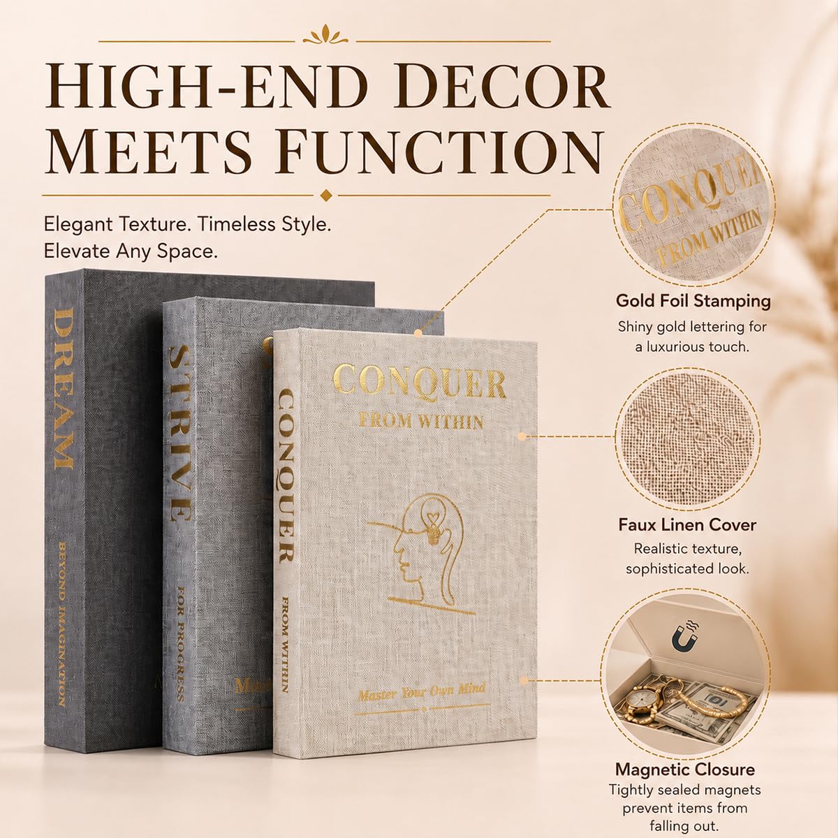 Oxdigi Decorative Books, Set of 3 Linen Coffee Table Books – packaging and label