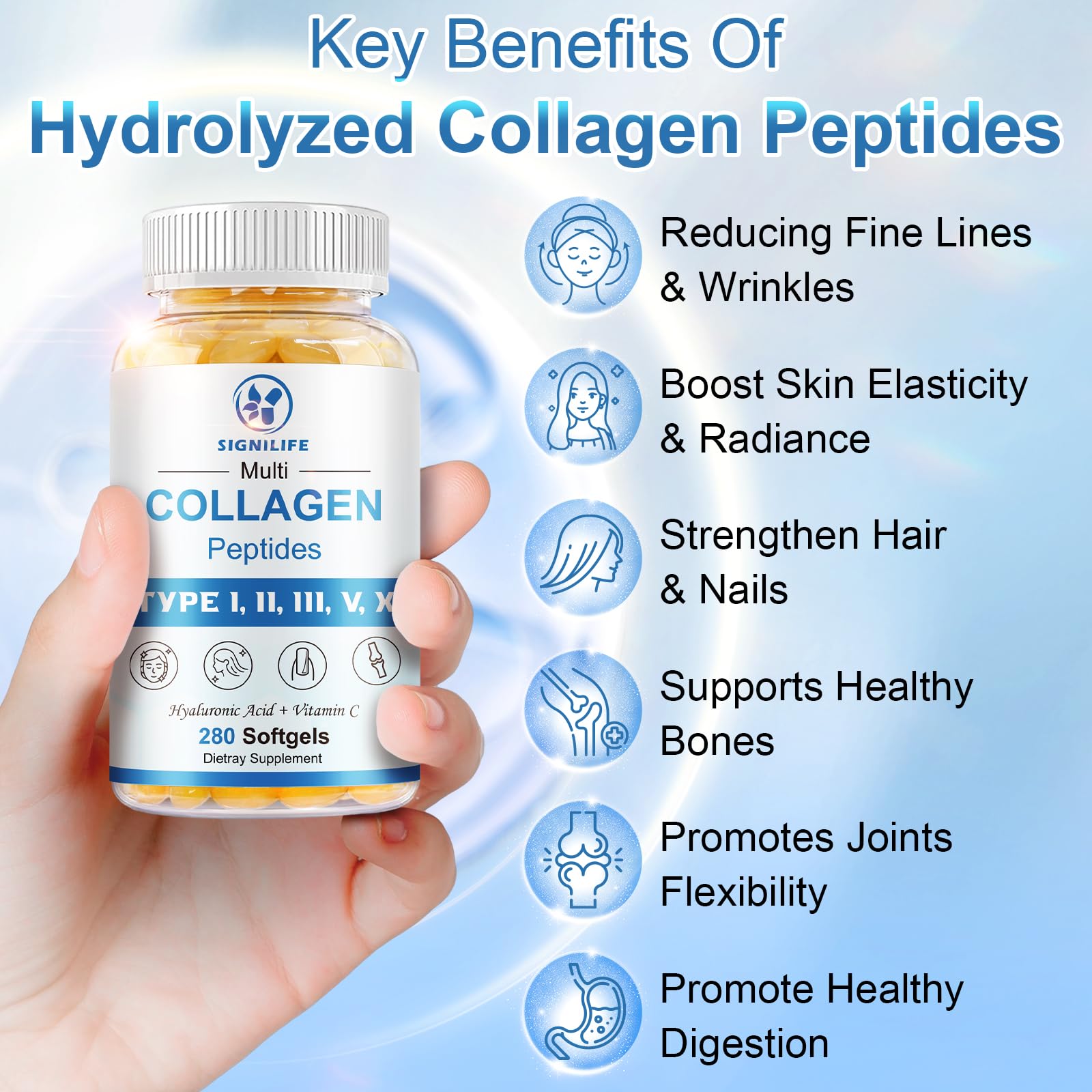 SIGNILIFE Multi Collagen Peptides for Women & Men-Type I, II, III, V, X
