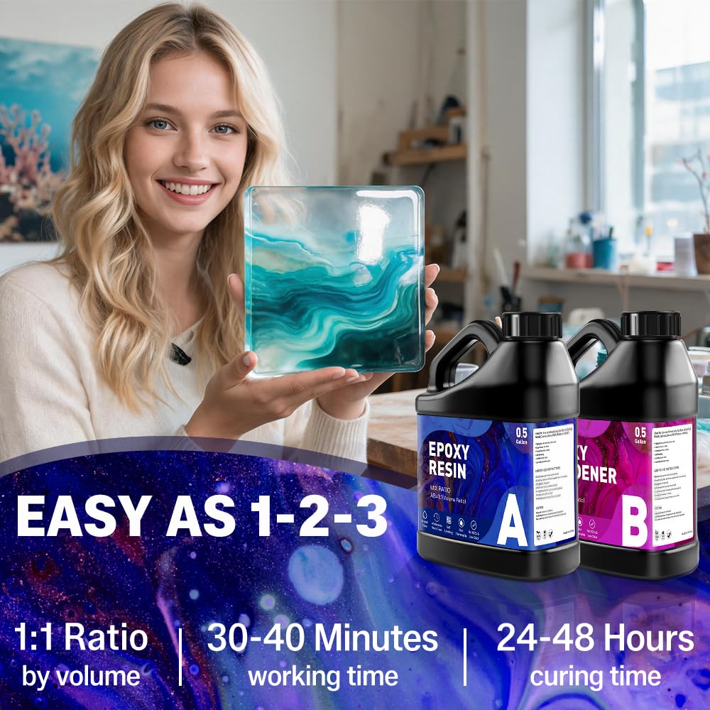 GRLELOU Epoxy Resin Kit 1 Gallon - No Yellowing & Less Bubble 2 Part Epoxy Resin for Beginners, 1:1 Ratio Art Resin for 