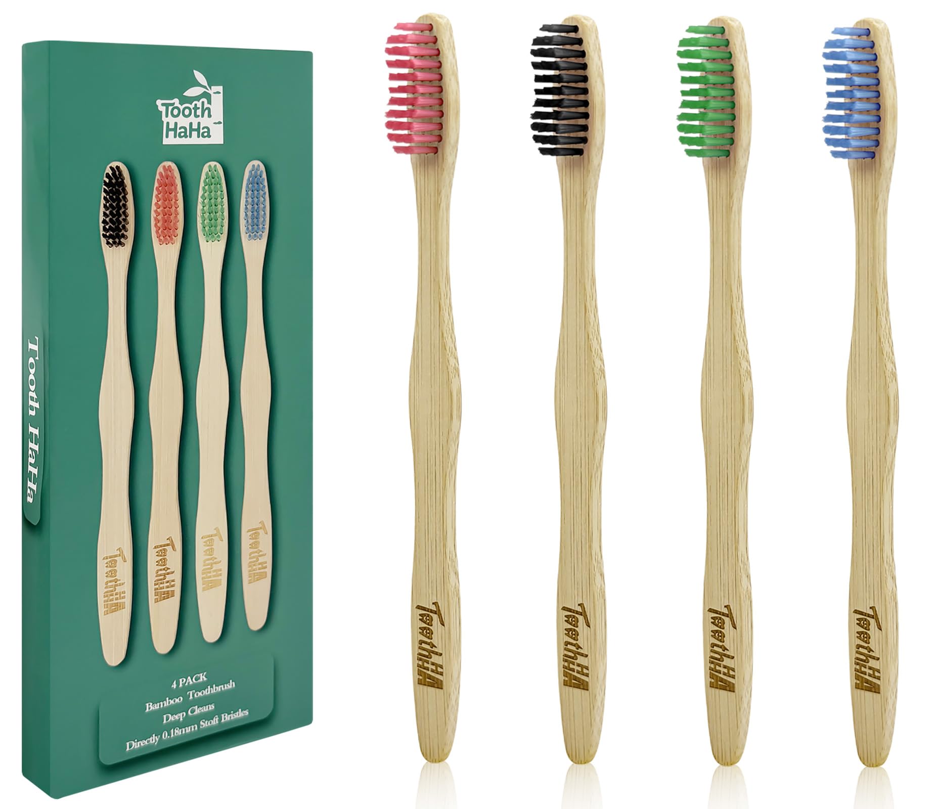 Tooth HaHa bamboo toothbrushes with medium bristles, 4-pack, eco-friendly dental tools with natural wooden handles.