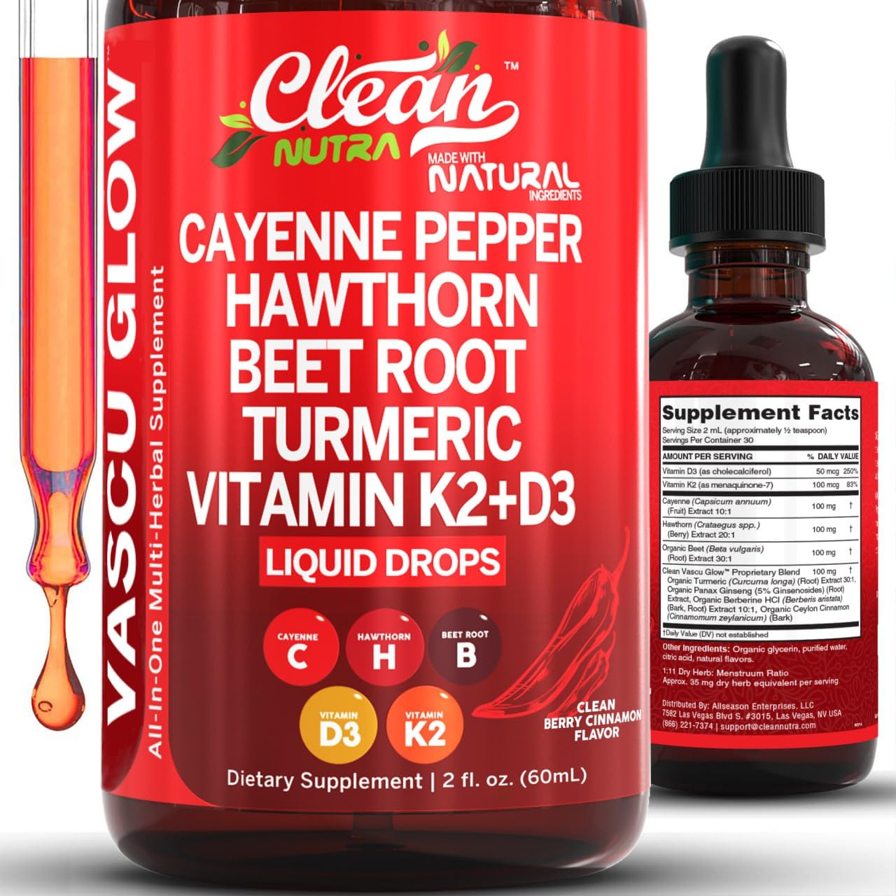 Clean Nutra Cayenne Pepper Drops herbal supplement bottle from Clean Nutraceuticals, featuring cayenne pepper drops for vascular health.