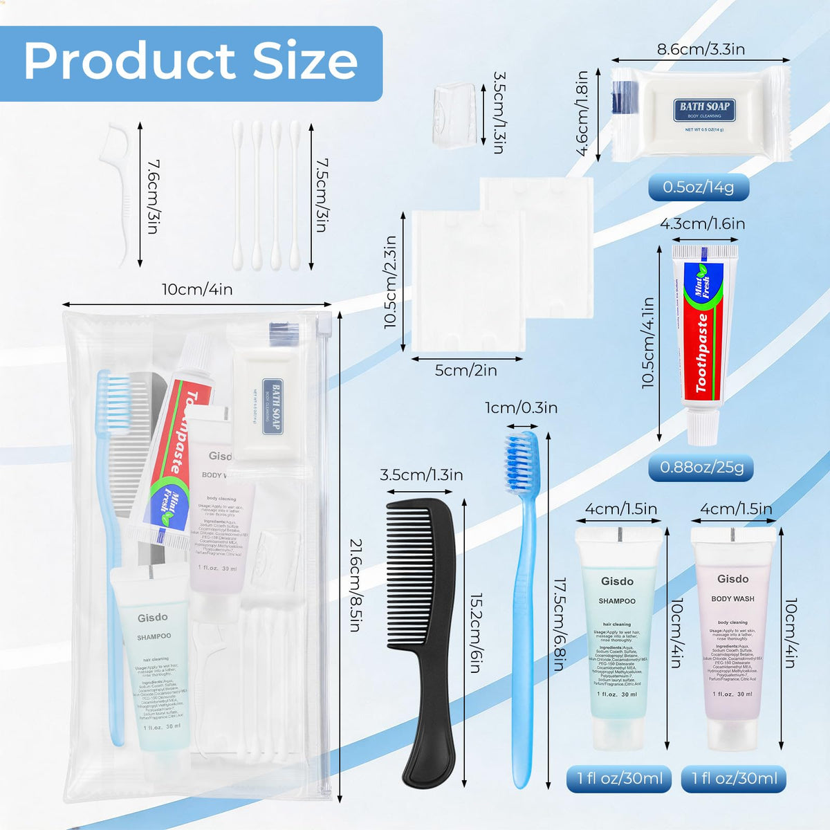 Gisdo 20 Sets Disposable Travel Toiletry Kit, Bulk Personal Hygiene Kit – close-up detail in Multicolor