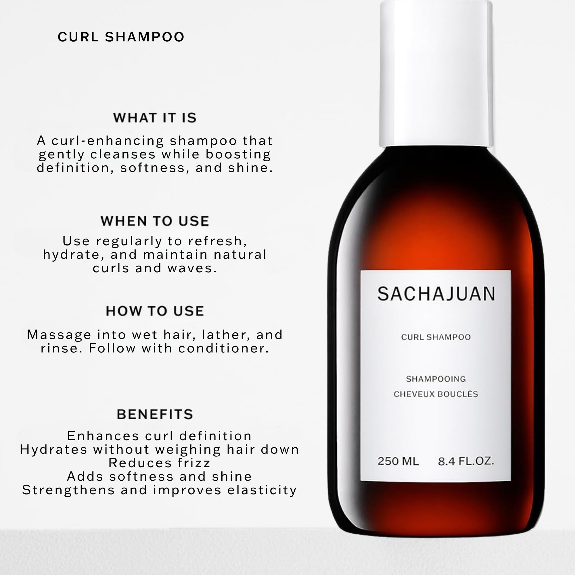 SACHAJUAN Curl Shampoo bottle with frizz control and curl definition for wavy and curly hair, 8.4 oz.