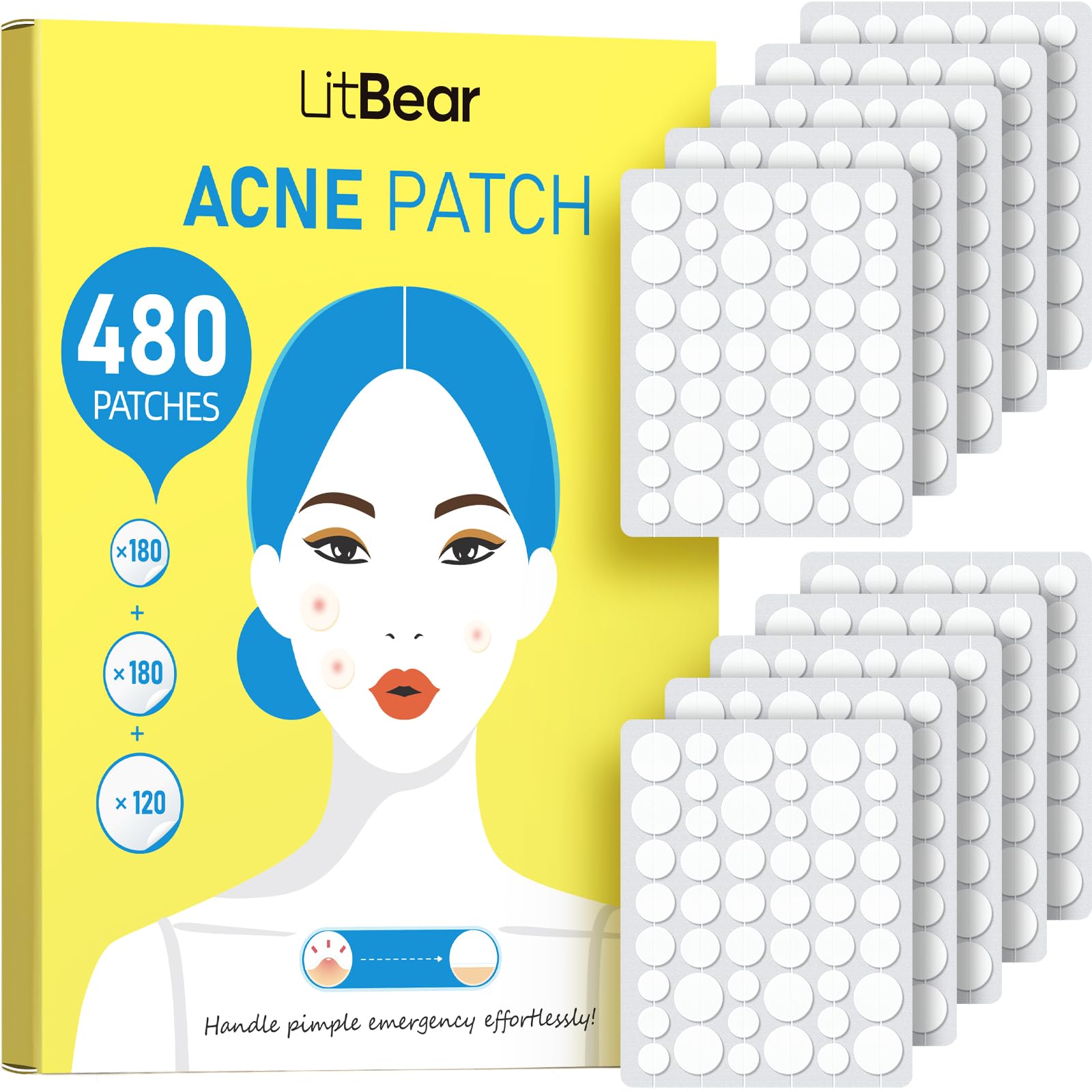 LitBear Pimple Patch Bulk, 480 Patches 3 Size Acne Patches for - Product Imagery