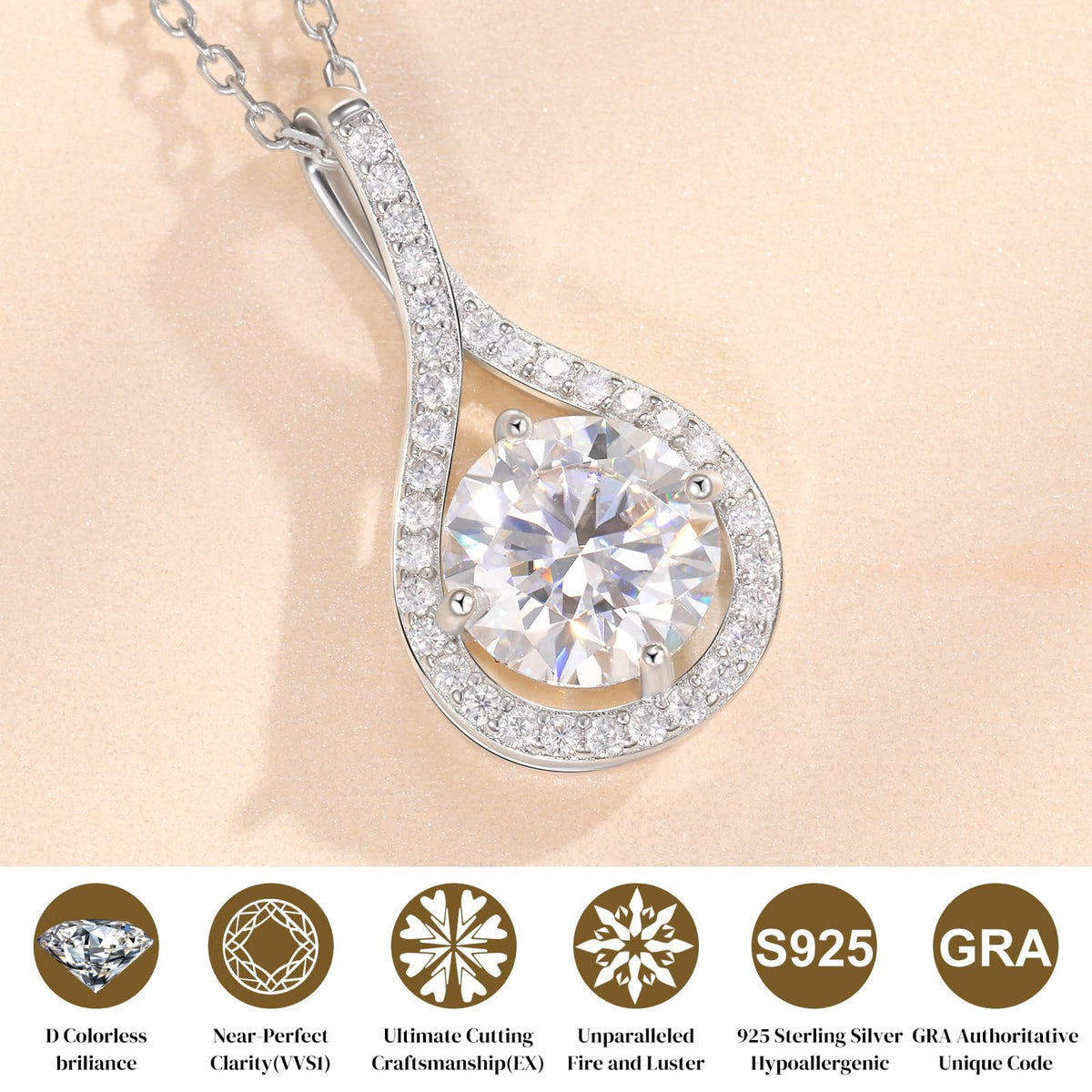 E-EMERMAKING Moissanite Necklace Gift for Women, 925 Sterling Silver 18K White/Yellow Gold Vermeil 0.5-6.0CT Moissanite 