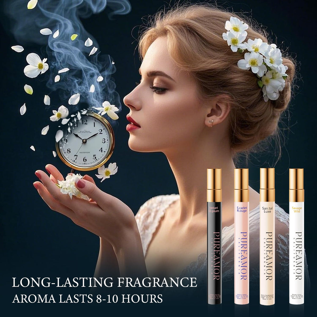 PUREAMOR Pheromones Perfumes for Women, Long lasting Skin Scent Fragrance Set, Amber Vanilla, Saffron Amber, Woody Citru
