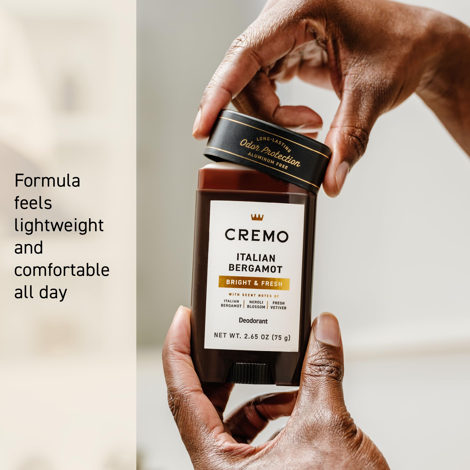 Cremo Italian Bergamot aluminum-free men's deodorant stick with sleek packaging, providing natural odor protection.