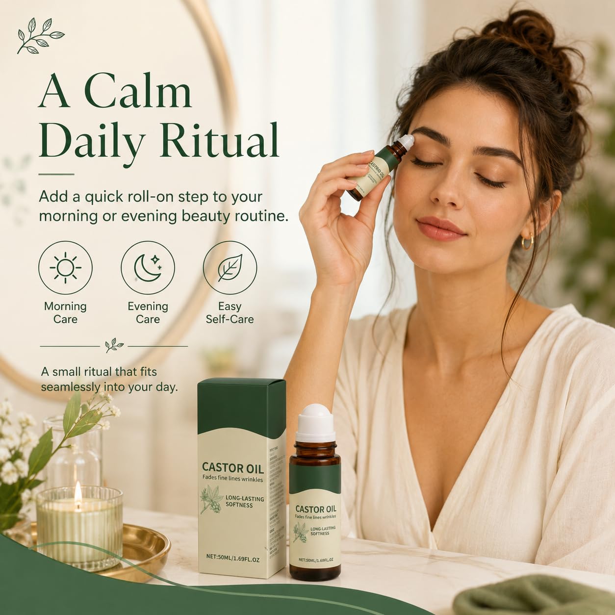 Nooche organic castor oil roll-on for hair, skin, brows, and lashes; cold-pressed, fragrance-free moisturizing oil for daily beauty care.