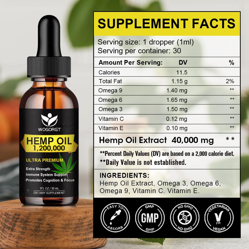 WOGORGT - Hemp Oil Drops, 100% Natural Hemp Oil Extract, 1 Fl Oz (2 Pack)