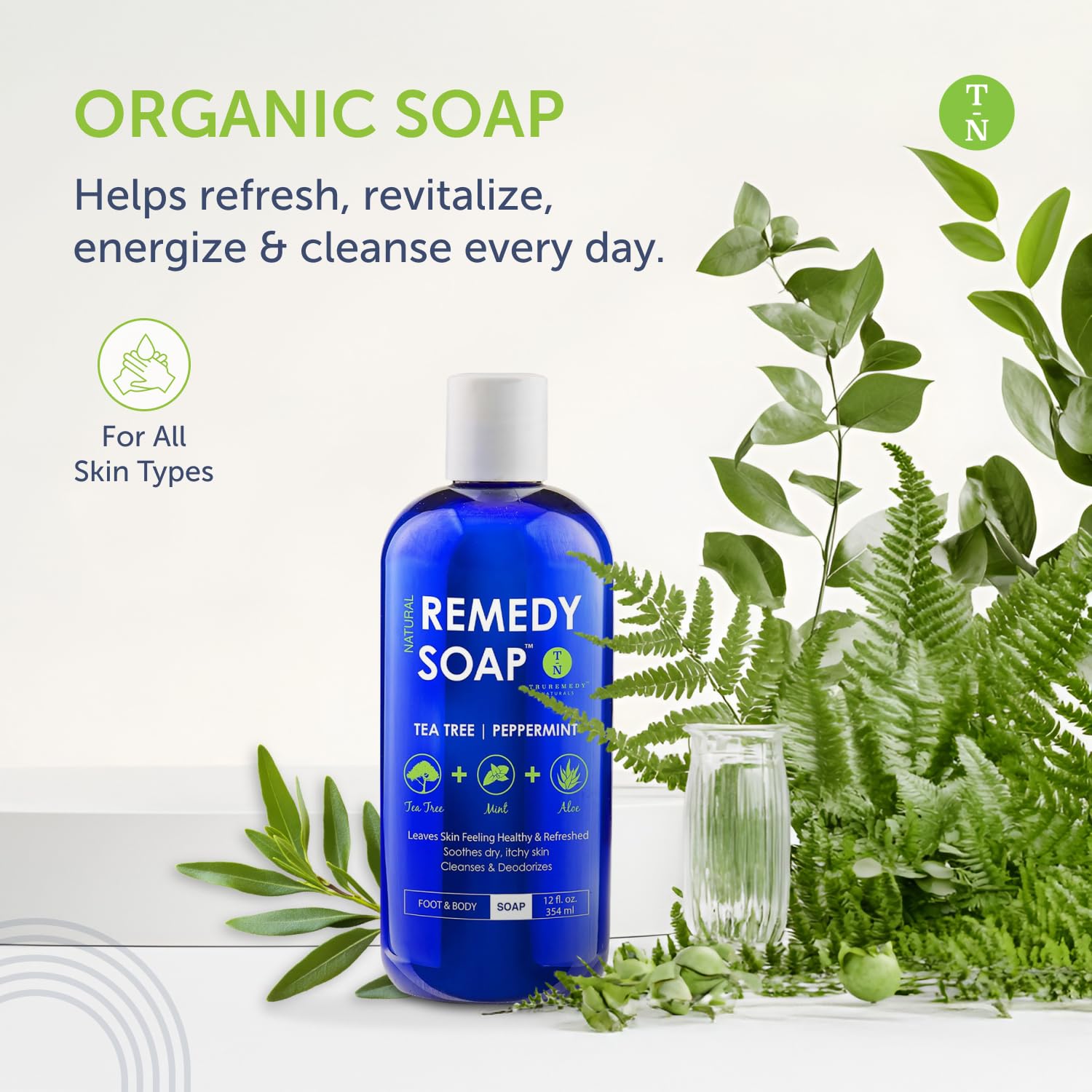 Truremedy Naturals Tea Tree & Peppermint Body Wash in 12oz bottle, natural skin cleaning agent with refreshing ingredients.