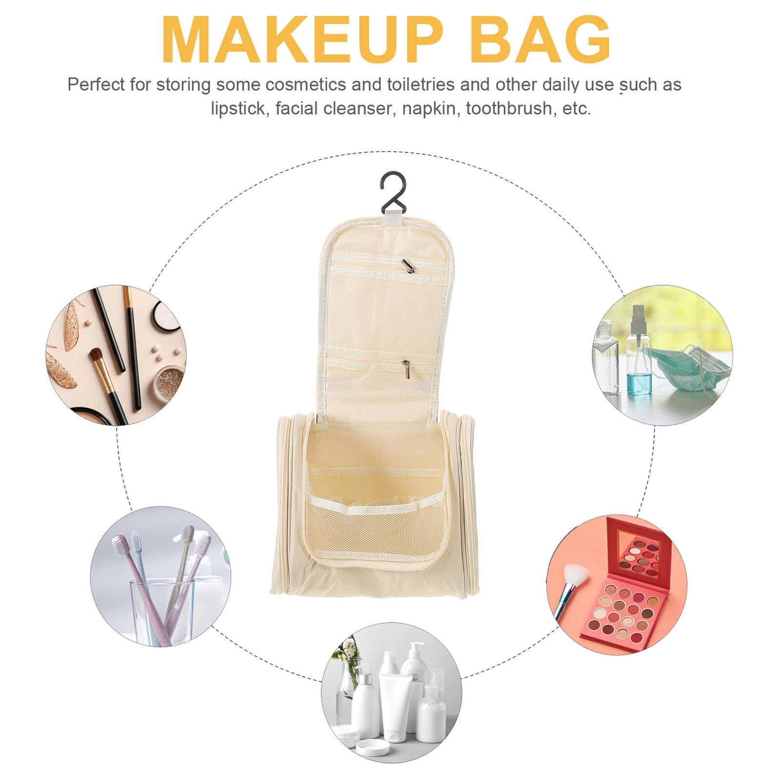 TOVINANNA large beige waterproof hanging cosmetic case with handle, travel makeup organizer and bathroom storage bag