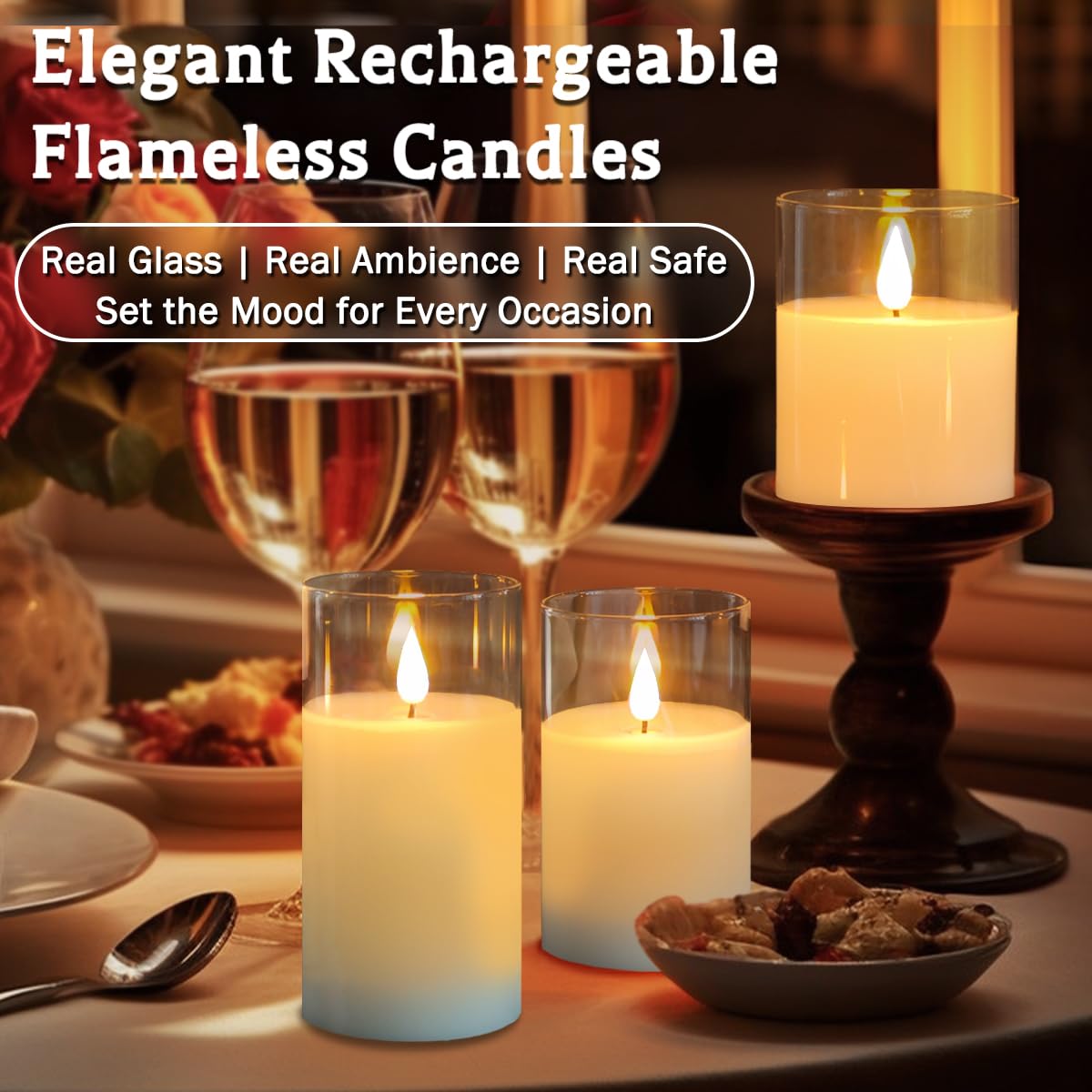 LEDHOLYT Glass Rechargeable LED Flickering Flameless Candles with Remote and Timer – packaging and label