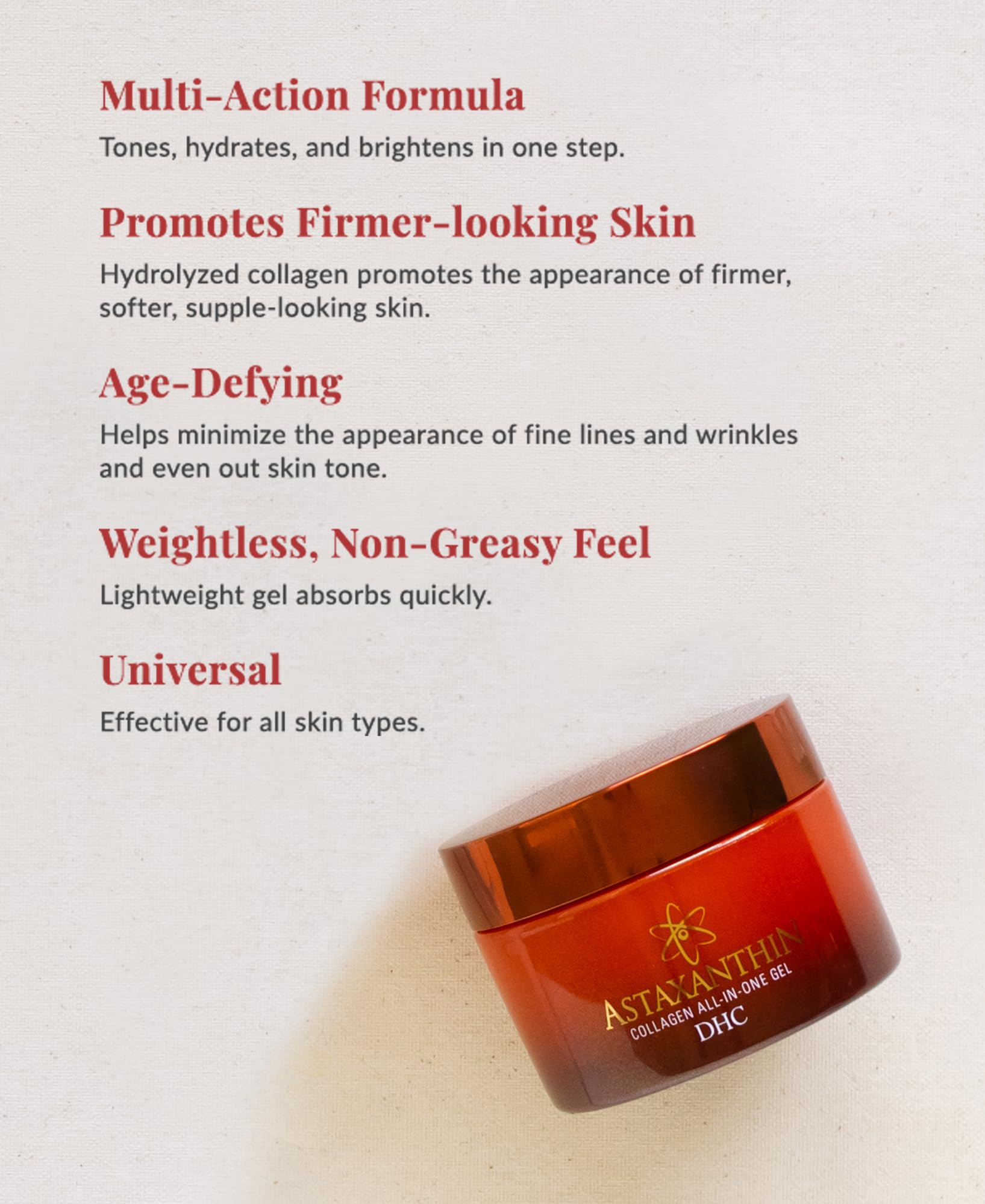 DHC Astaxanthin Collagen All-in-One Gel jar, 200g, skincare moisturizer with brightening and anti-aging properties.
