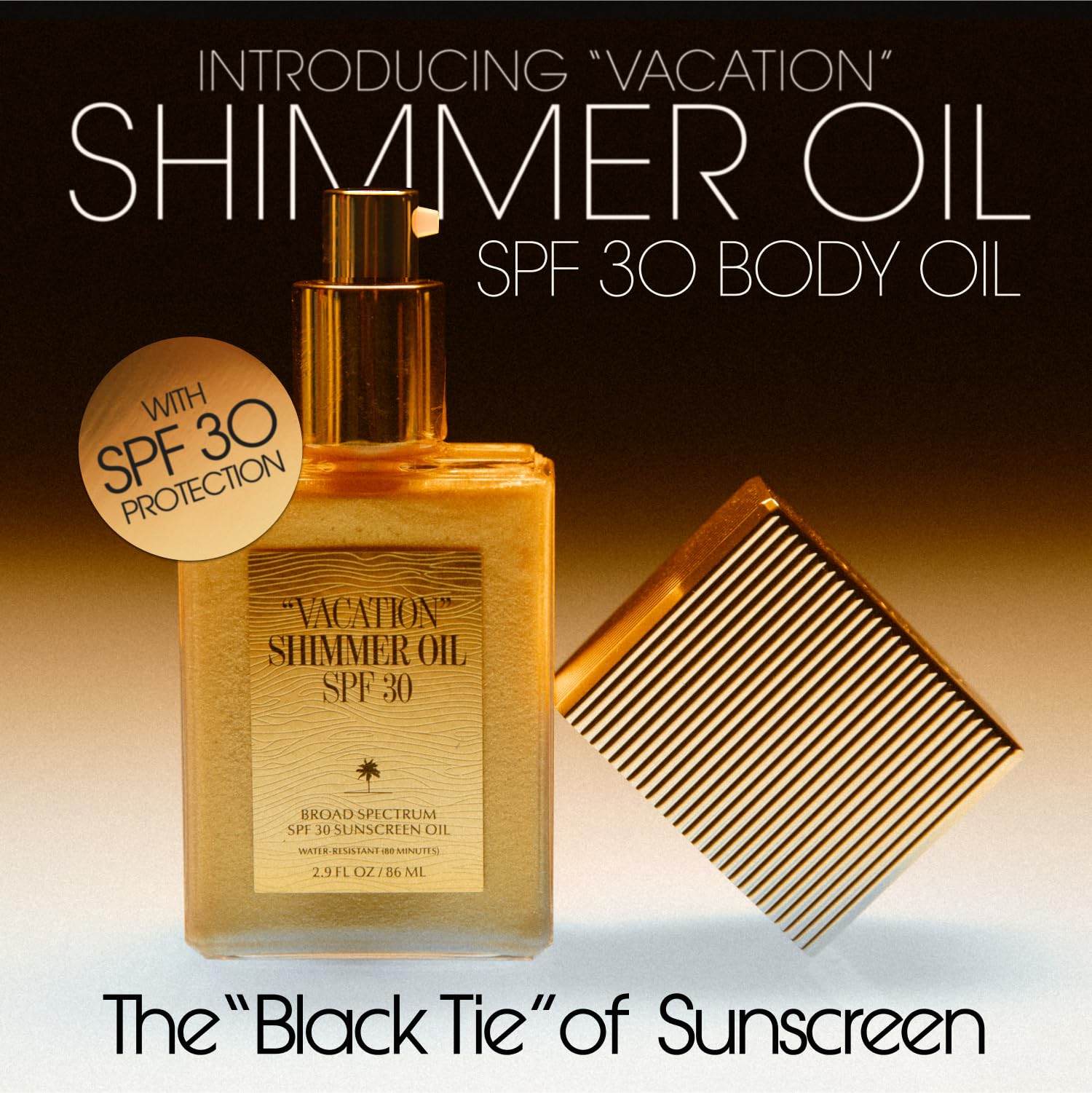Vacation Shimmer Oil SPF 30 body sunscreen oil in a 2.9 fl oz bottle, featuring a shimmering finish for sun protection and glow.