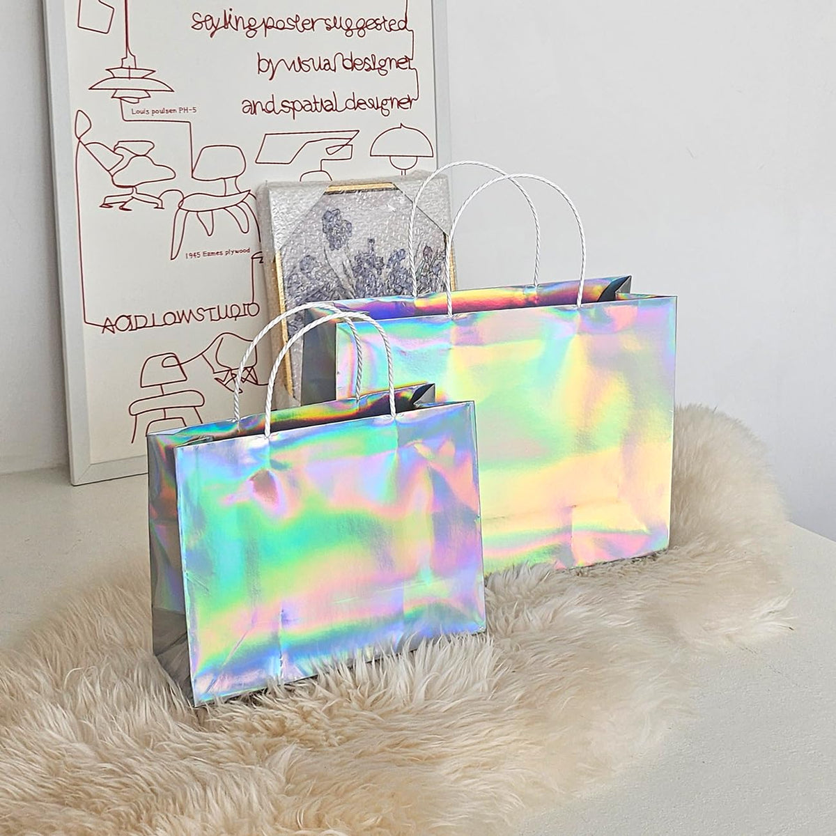 PAPERIST 5pcs 15.7x5.5x11.8 (3) Large, Holographic Silver Coating Gift Bags with Premium White Handles, Glossy Laminated