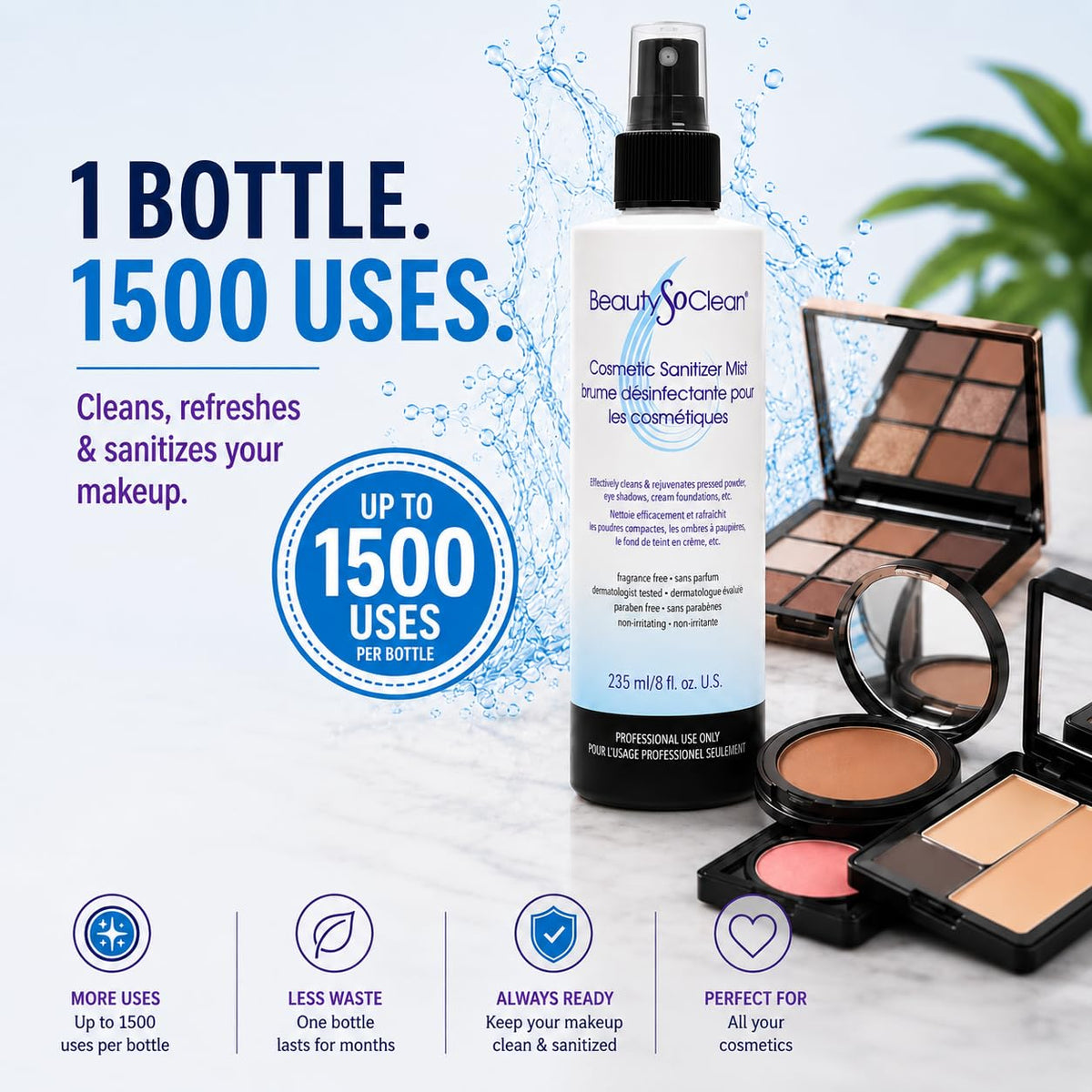 Beautysoclean Cosmetic Sanitizer Mist - (8.0 oz.) Makeup Sanitizing Spray for Powder-based Makeup Palettes & Pressed Cre