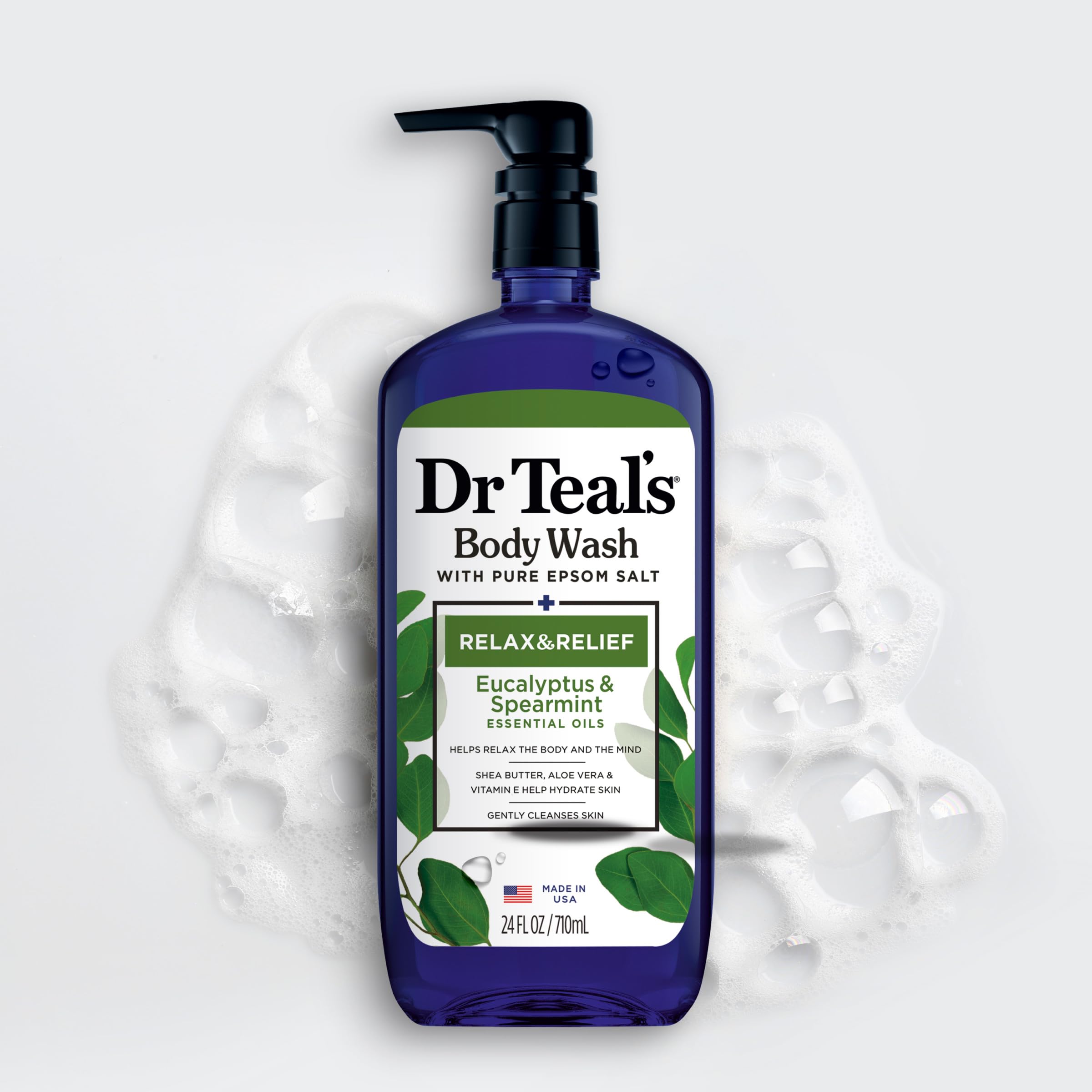Dr Teal's Eucalyptus and Spearmint body wash in a 24 fl oz bottle, shown as part of a pack of two, for skin cleansing.