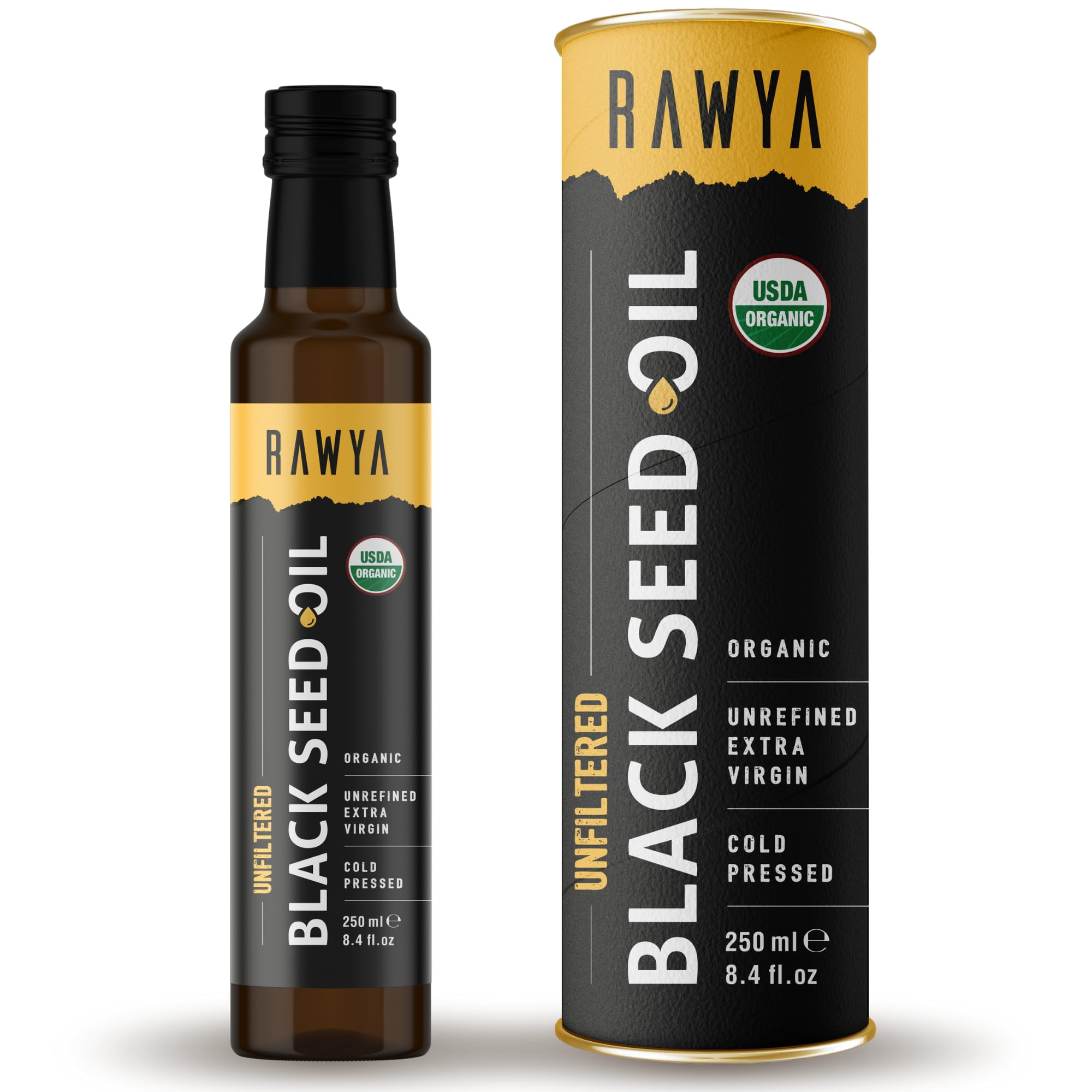 RAWYA Black Seed Oil bottle showing the USDA Organic label, cold-pressed and unfiltered, in a clear glass container.