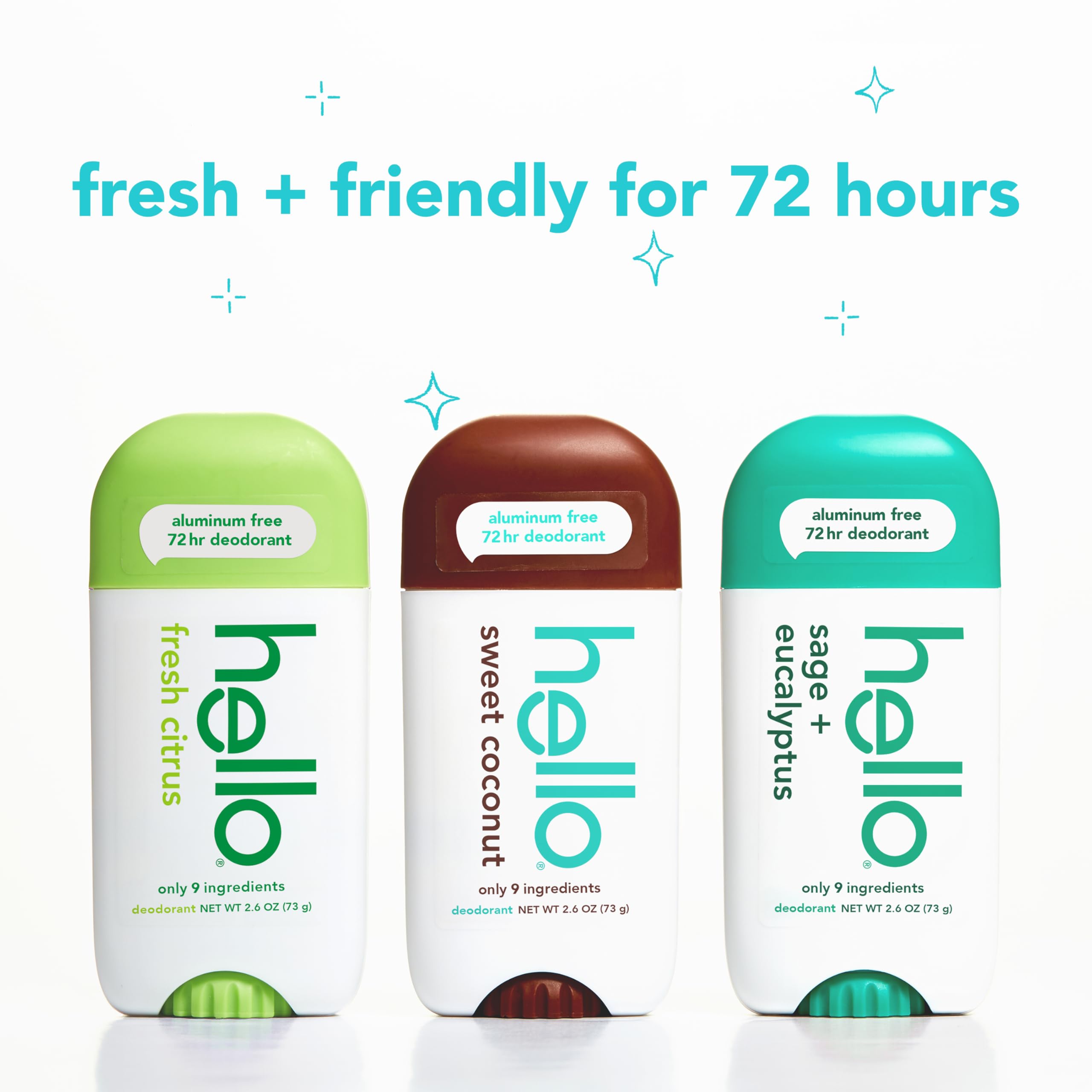 Hello Aluminum Free Deodorant Variety 3-Pack bottles, 2.6 oz each, natural body deodorant for everyday use.