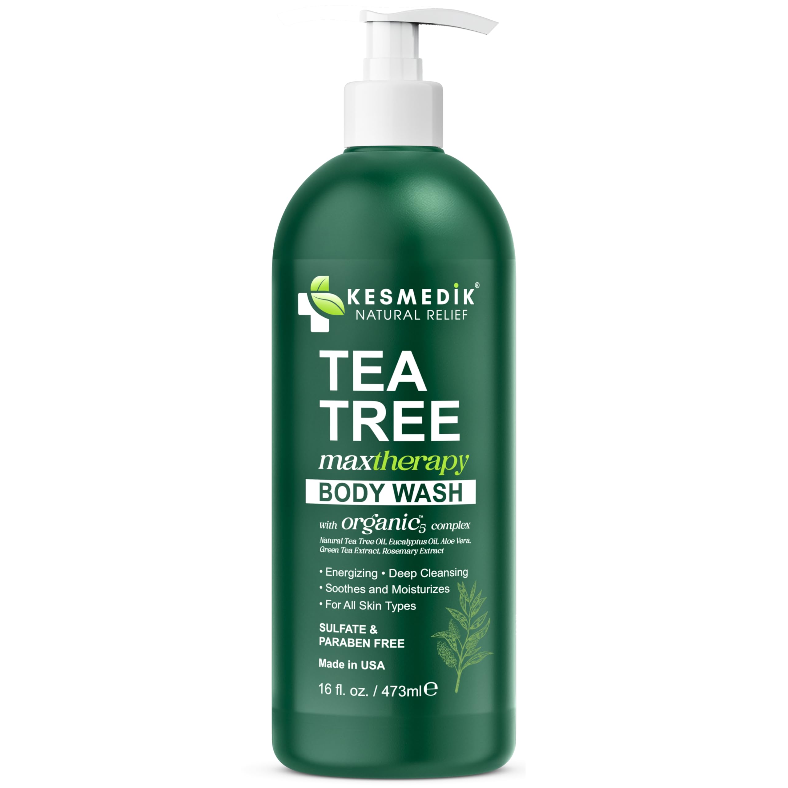 KESMEDIK Tea Tree Body Wash with 100% tea tree oil in a 16 oz bottle, showing the clear liquid and label.