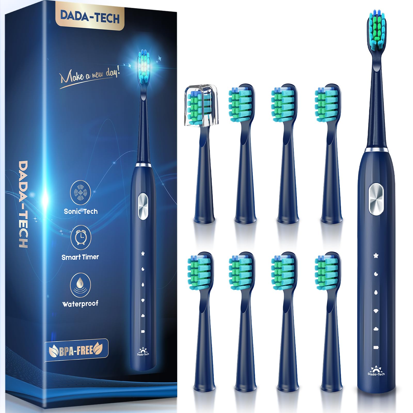 DADA-TECH Sonic Electric Toothbrush with 9 replacement heads and 5 brushing modes, showing the toothbrush and multiple heads.