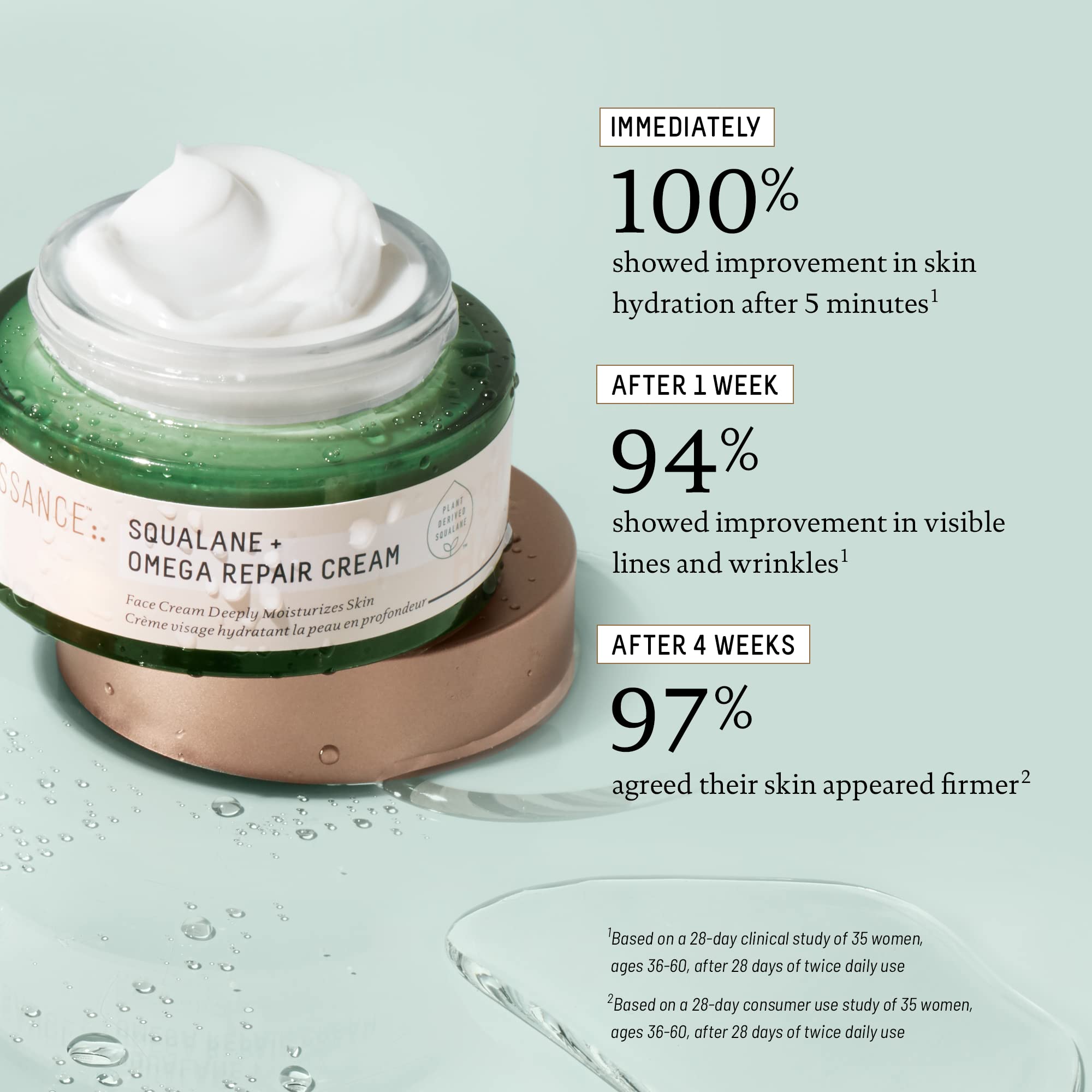 BIOSSANCE Squalane + Omega Repair Cream face moisturizer in 1.7oz jar, showing the nourishing cream and packaging.