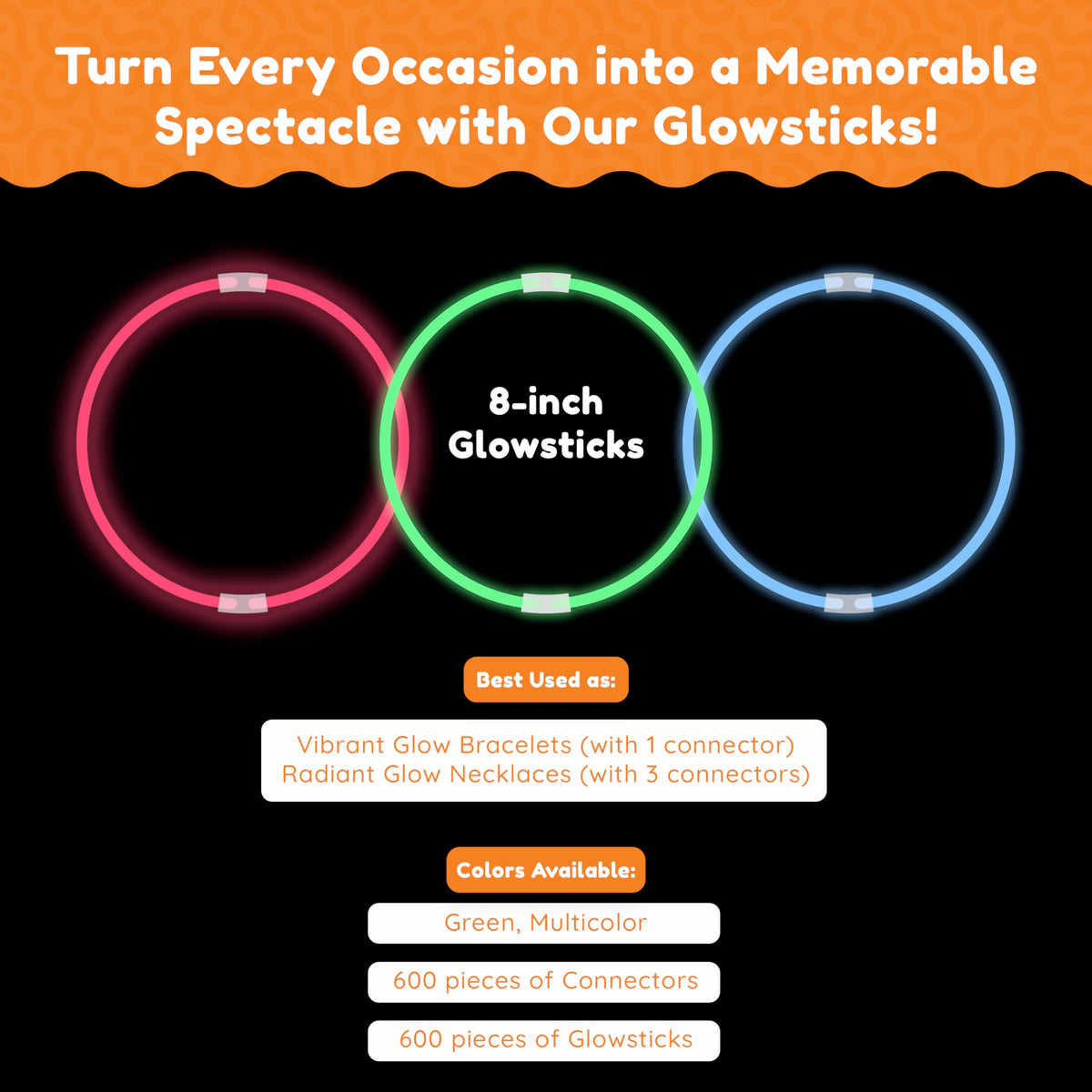 Glow Fever Glowsticks Bulk 1200pcs Party Pack includes 600 8" Glow Sticks and 600 connectors, Bracelets and Necklace
